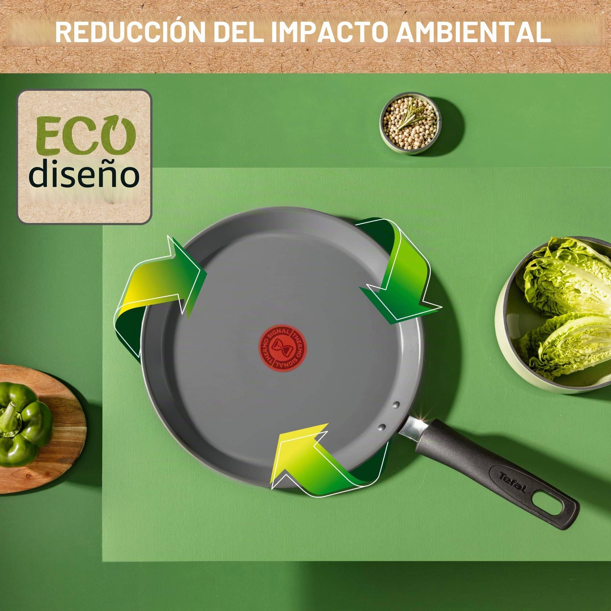 TEFAL - Sartén para crepes (28 cm, inducción, revestimiento cerámico, Eco-diseñado, reciclado, cocción sana, termo-Signal, fabricada en Francia, Renew C4253913, gris