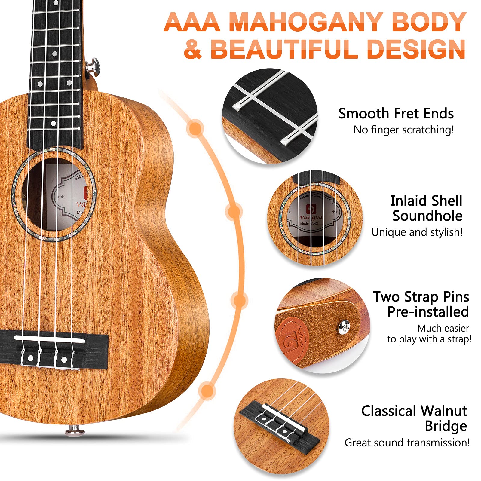 Vangoa Sopran Ukulele 21 Zoll Mahagoni Ukulele Starterset für Erwachsene und Kinder mit Tasche, Handbuch, Riemen, Metall-Kapodaster und Stimmgerät