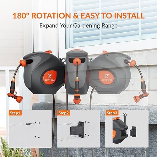 Miniatura 3 de Giraffe Tools BW35 - Carrete retráctil para manguera de jardín, montado en la pared, rebobinado automático, manguera de 100 pies y 12 pulgadas con