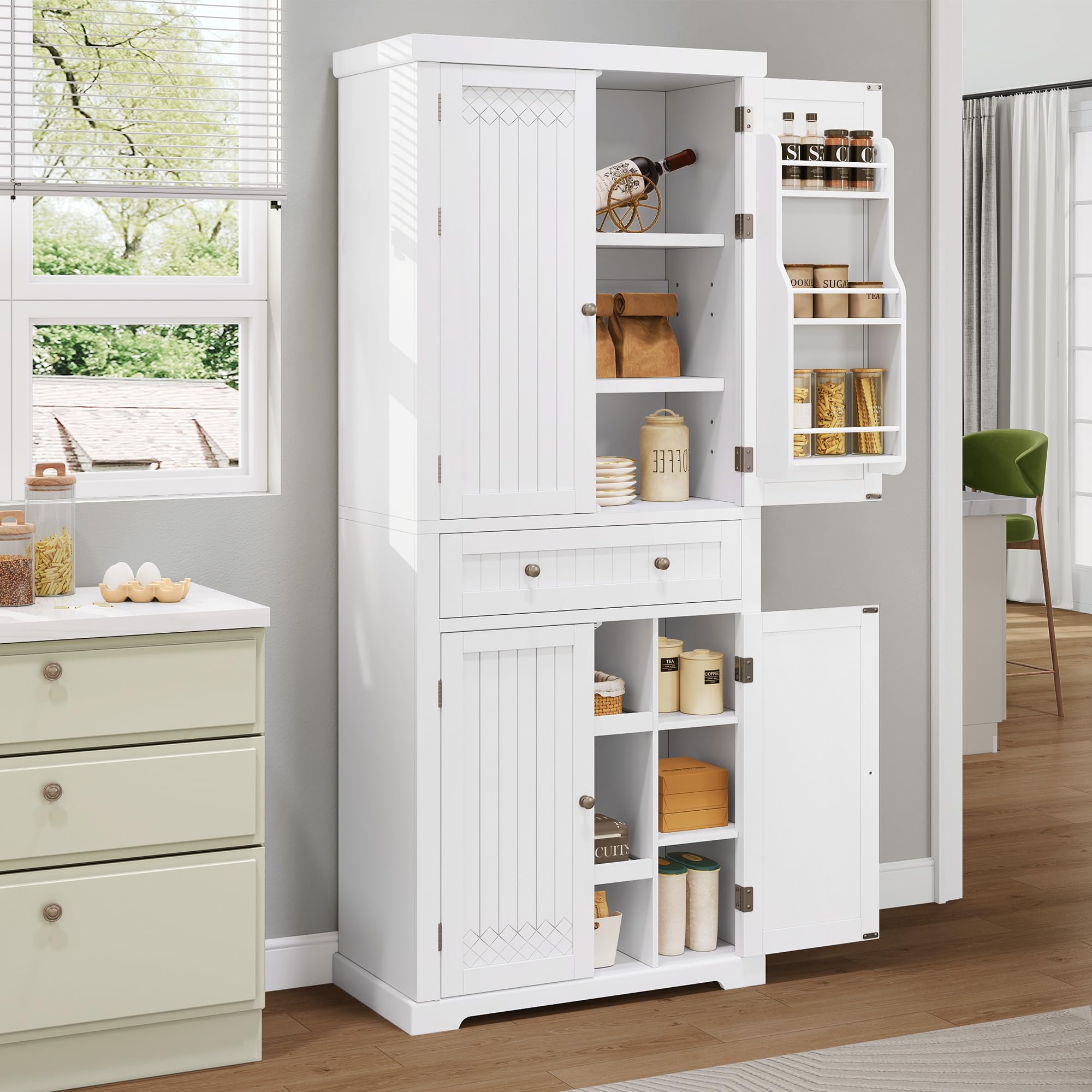 YITAHOME Küchenschrank, 182.5CM Hochschrank Küche Vorratsschrank, Buffetschrank mit Verstellbaren Ablagen, Esszimmerschrank mit Schubladen, für Wohnzimmer Küche