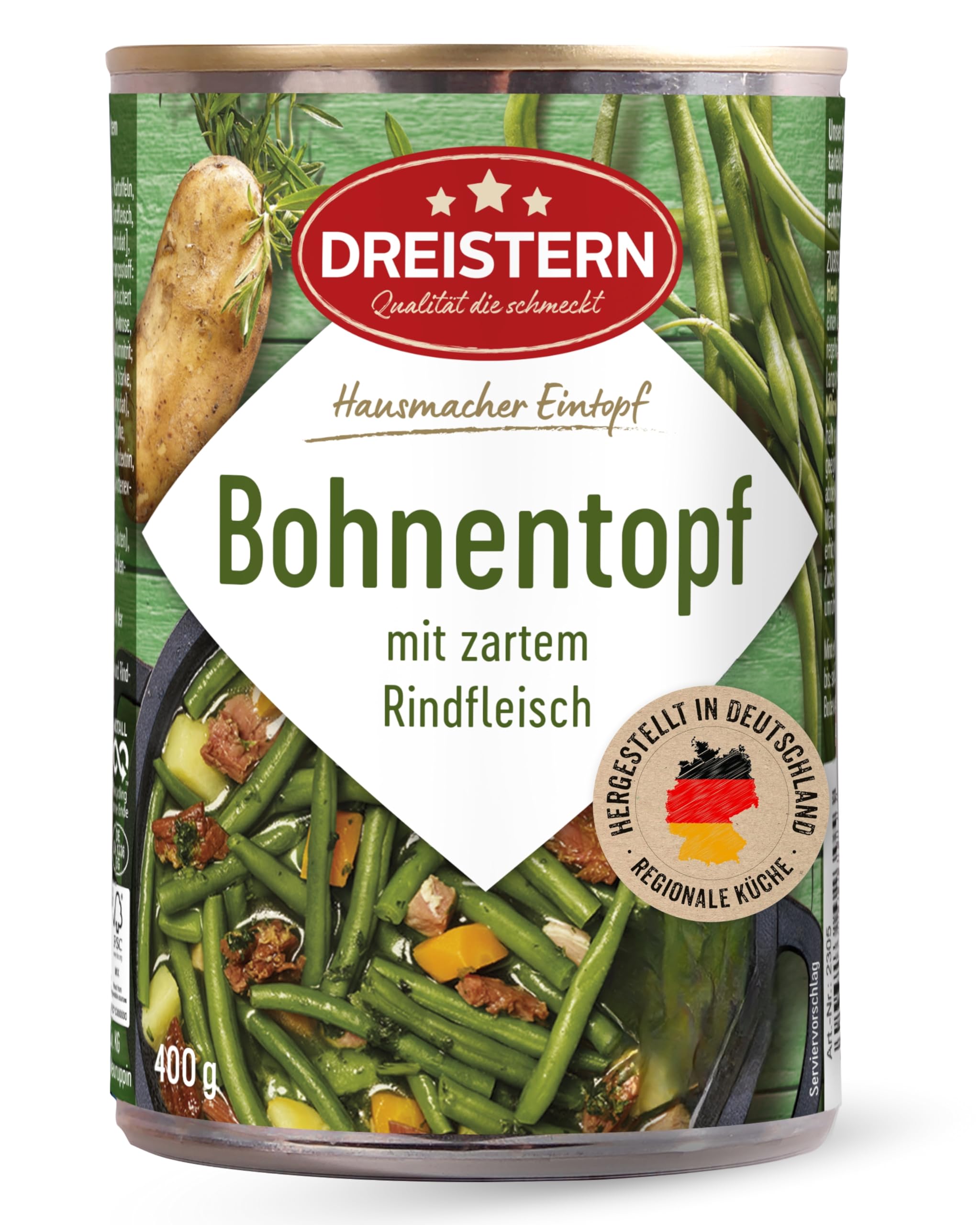 DREISTERN Bohnentopf 400g I Mit zartem Rindfleisch & Gemüse I Herzhafter Eintopf in recyclebarer Konservendose I Lange Haltbarkeit dank natürlicher Konservierung I Hausmacher Qualität