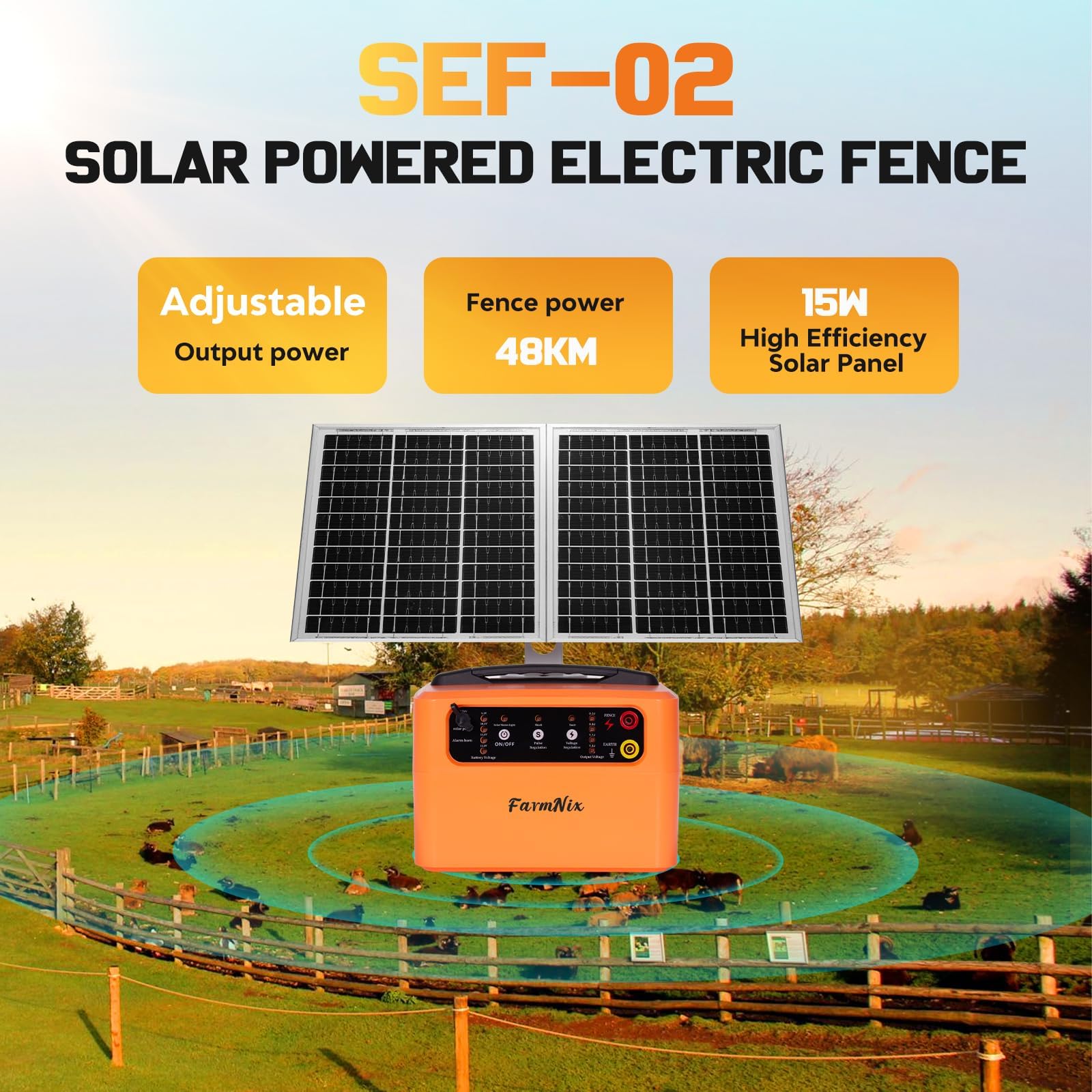 48KM Clôture Électrique Solaire, 0.3-1.5J, 6-12KV Réglable ClôTure éLectrique Pour Animaux avec Panneau Solaire de 15W, 12V 7Ah batterie plomb-acide, pour berger, pour ferme, pâturage, jardin