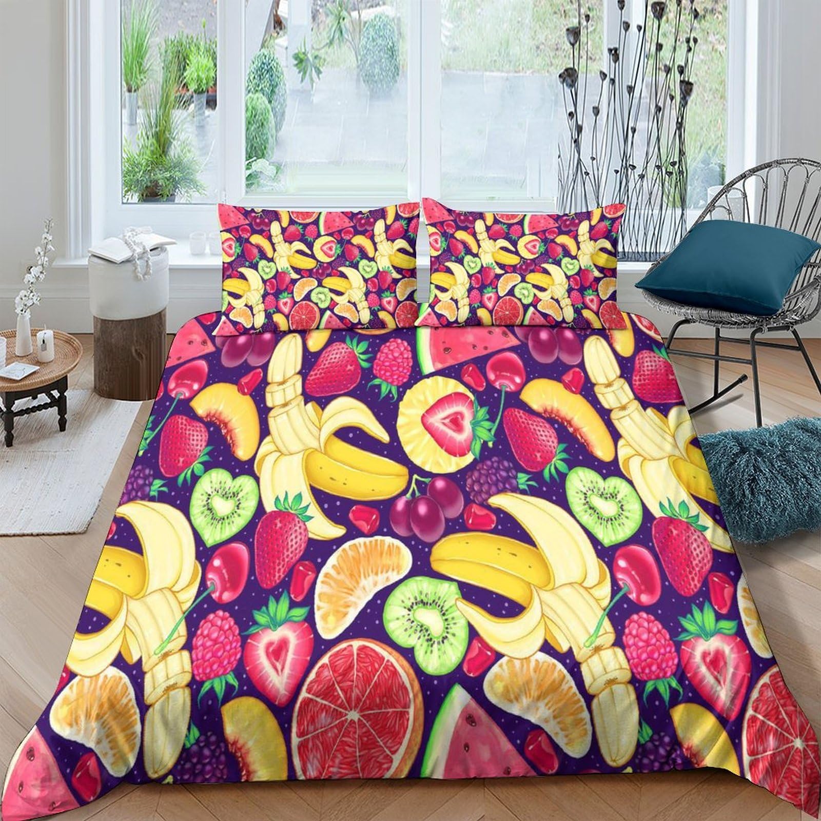 Housse de couette 220x240 banane fraise parure de lit microfibre