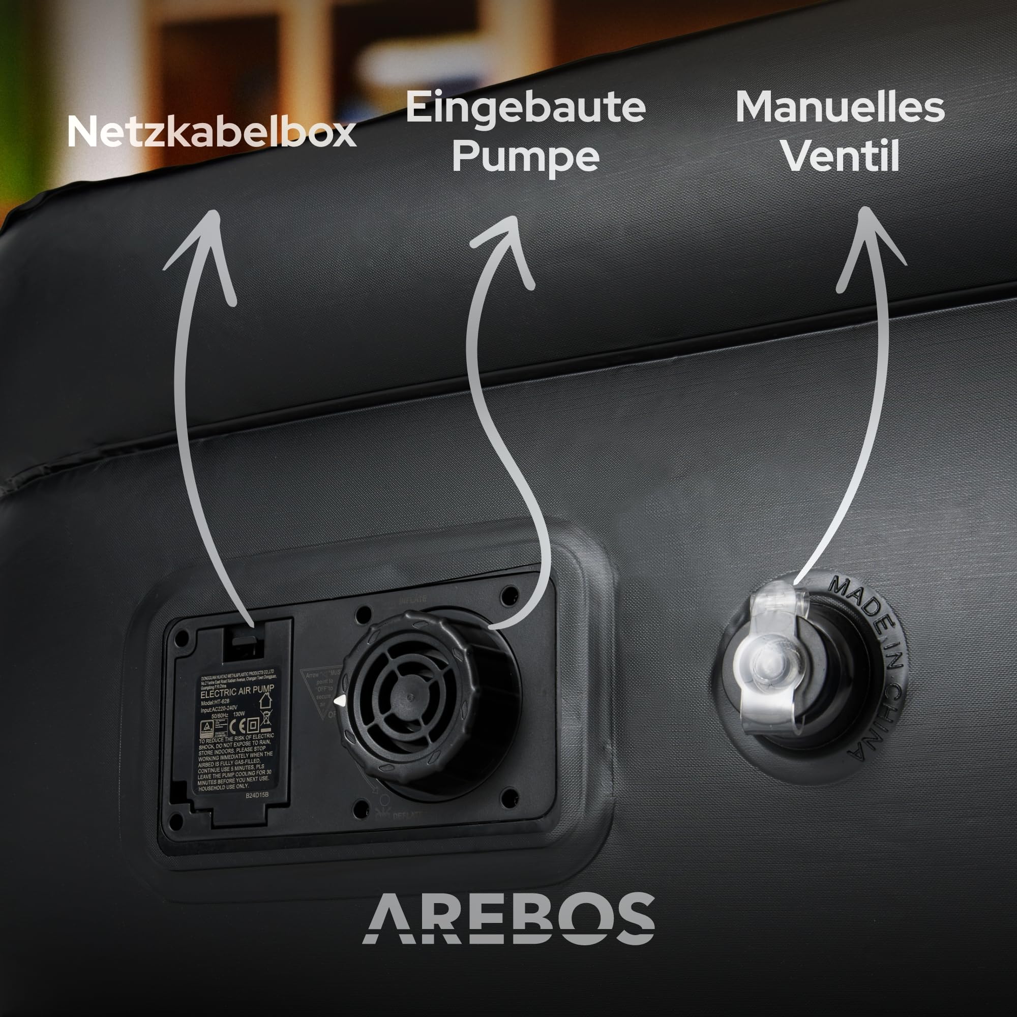 Arebos Aufblasbares Luftbett 203x152x51 cm für 2 Personen, integrierte Elektropumpe, selbstaufblasende Luftmatratze als Gästebett oder Campingbett Grau/Anthrazit