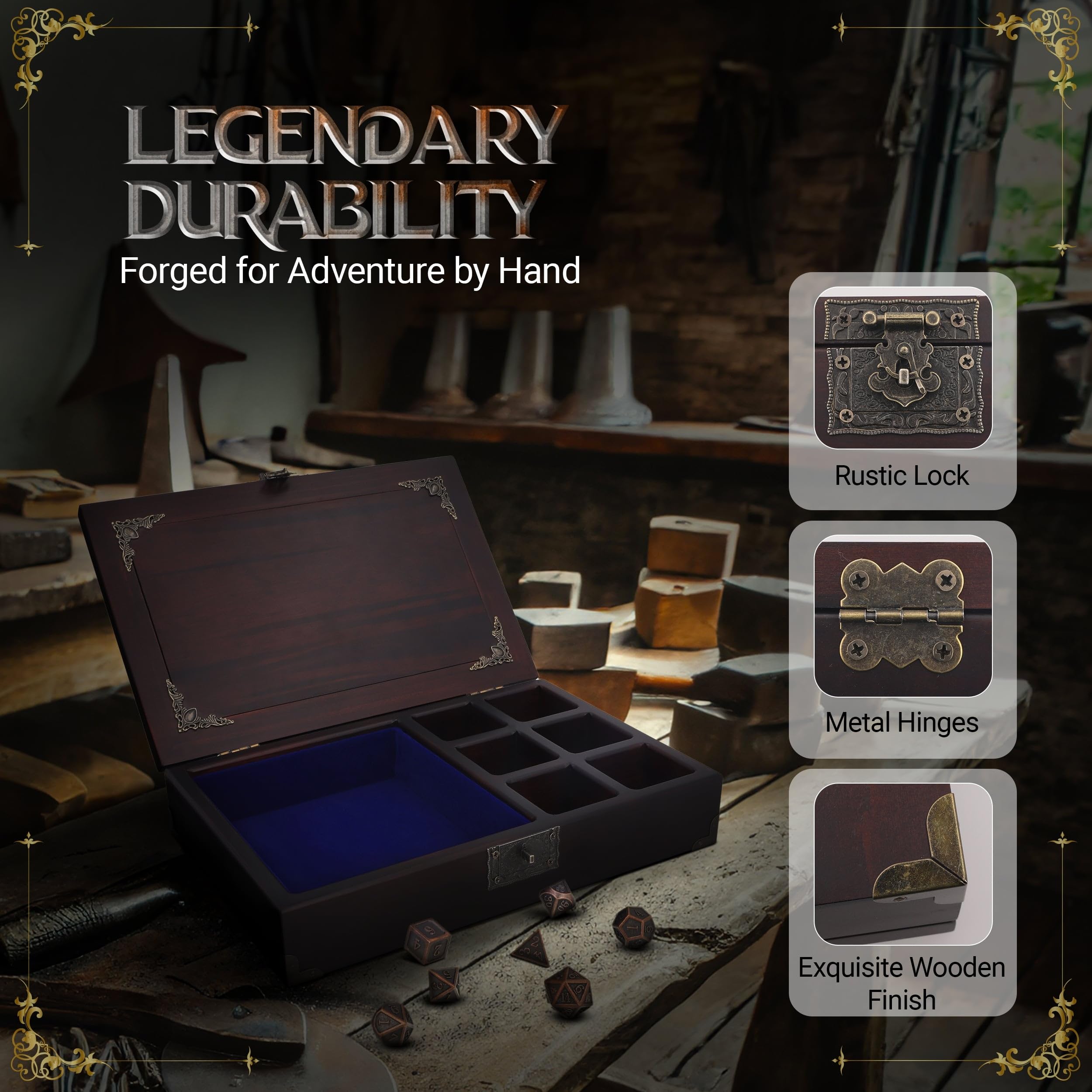 DND Würfeltablett 2-in-1 – DND-Würfel-Sets aus Metall mit einer Holzkiste – Würfelablage zum Rollen und Aufbewahren von Organizern | Würfeltablett für RPG-Tischspiele – Würfelbox für Dungeons