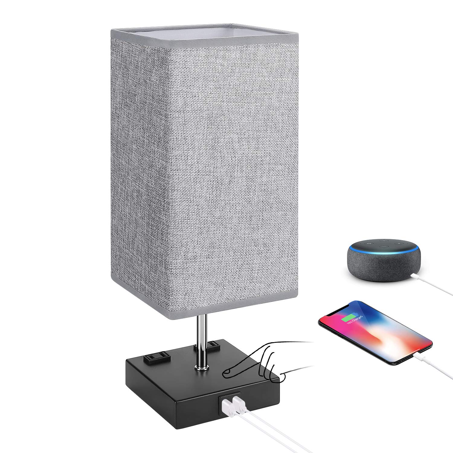 3-Way Dimmable Touch Table Lamp with 2 USB Charging Ports, 2 AC Outlets, Grey Fabric Shade Modern Bedside Desk Lamp, Touch Nightstand Lamp for Bedroom Living Room Office, A19 LED Bulb Included