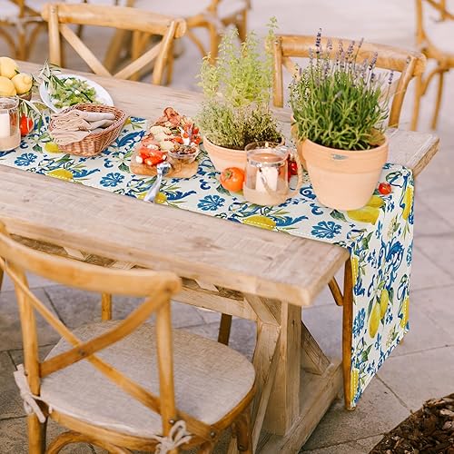 Miniatura 3 de AnyDesign Camino de mesa de limón de verano, azulejos azules, limones, decoración de mesa de comedor, limones italianos, cubierta de mesa para