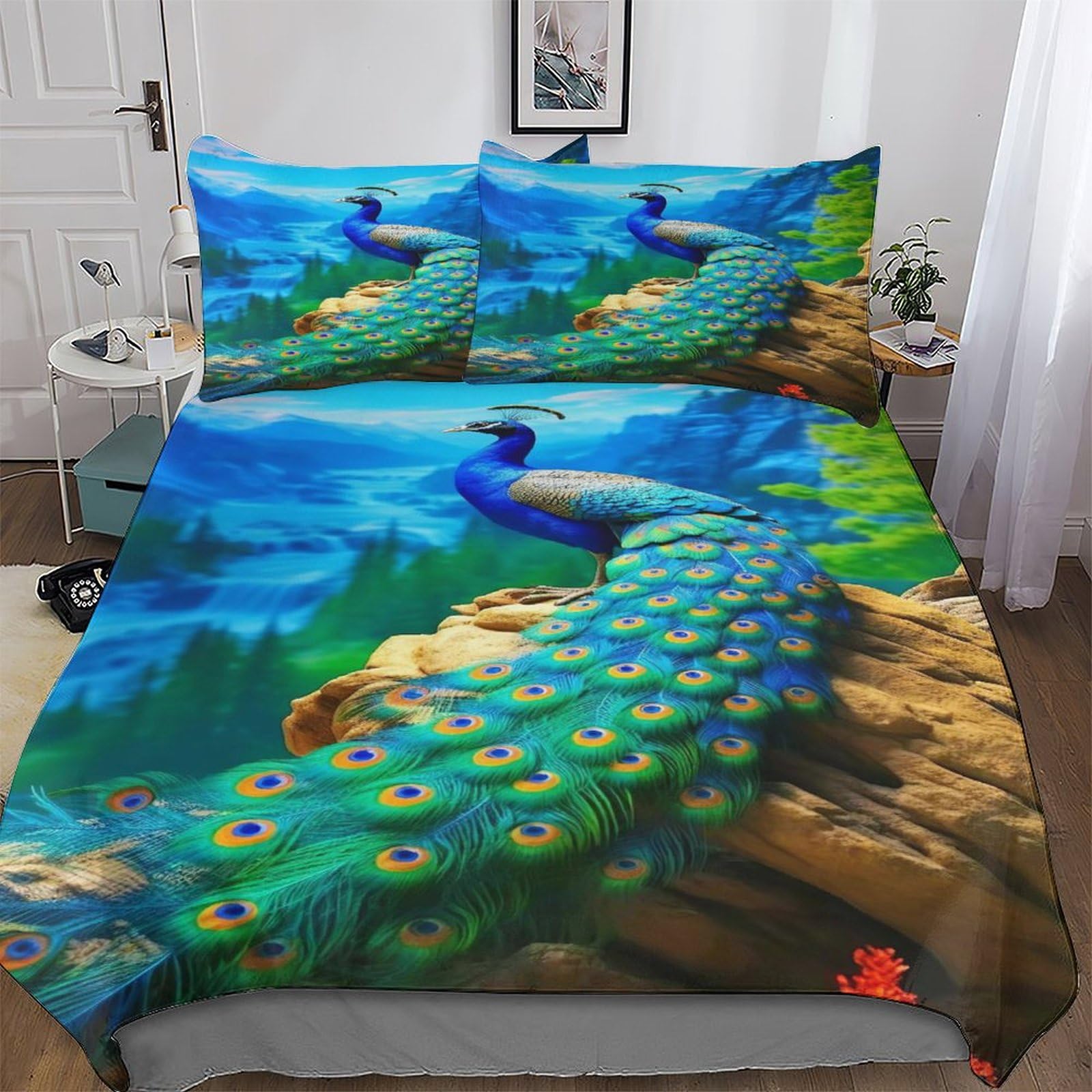 Peacock Bedding Set Duvet Cover 3 PCS With Pillowcases Soft Microfiber Quilt Cover Suitable for Children Teens Adults Double (200x200cm)
