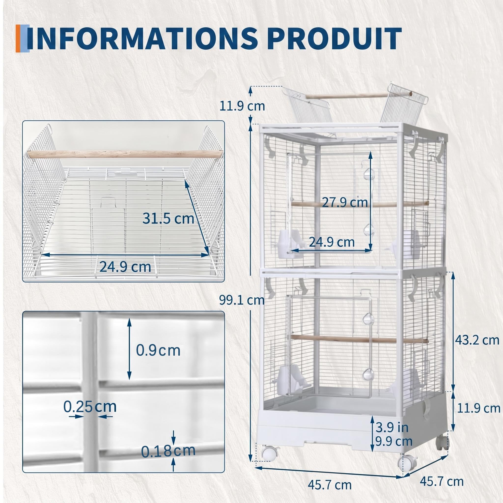 Garvee Grand Cage à Oiseaux 46x46x110cm, avec roulettes, Double Compartiment, Toit ouvrant pour Jeu, Séparation Amovible, Nettoyage Facile, Structure en Acier Durable Non Toxique pour perroquets