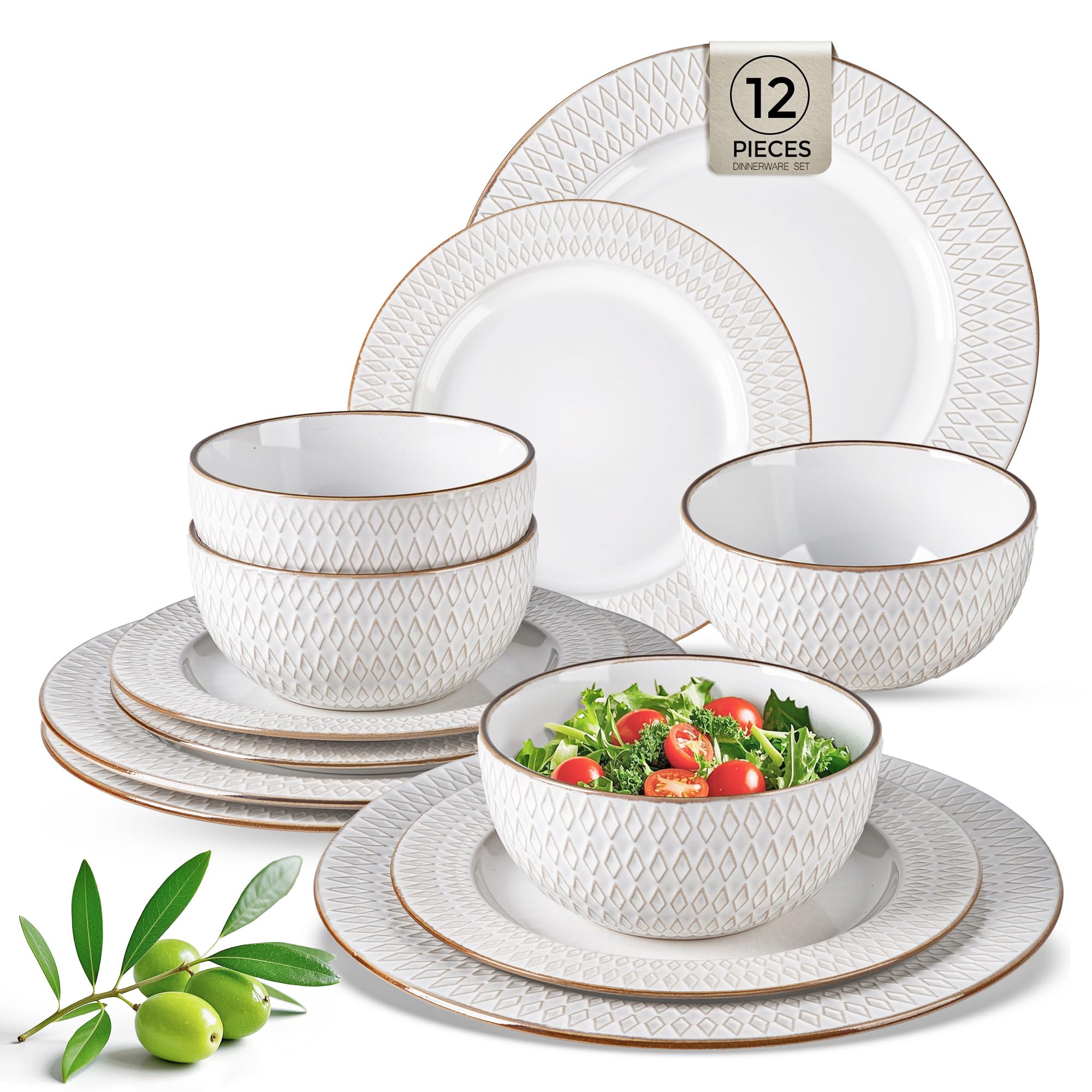 GBHOME Ceramic Dinnerware Sets of 4,12 pcs Plates and Bowls Sets Dishes