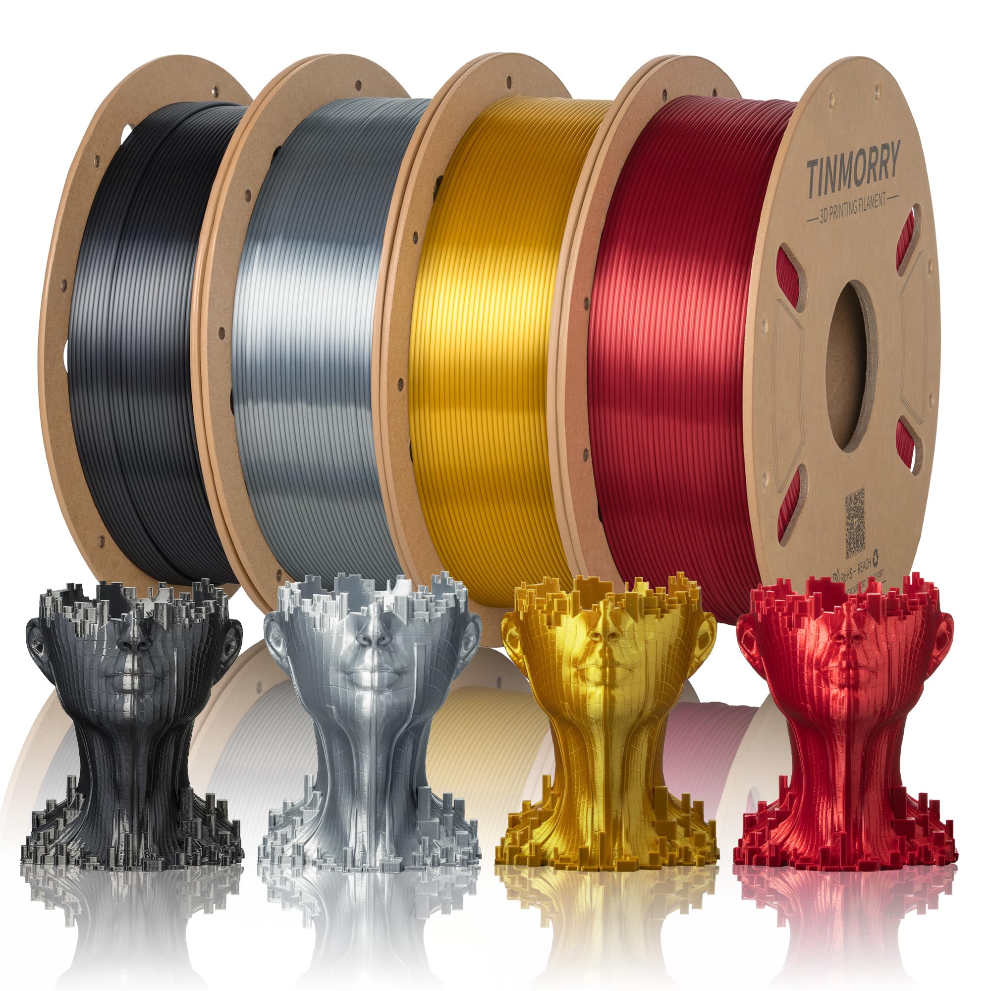 TINMORRY Silk PLA Filament Bundle, 3D Printer Filament 1.75 mm Multicolor Pack, Red &amp; Gold &amp; Silver &amp; Iron Black, 750g x 4 Spools