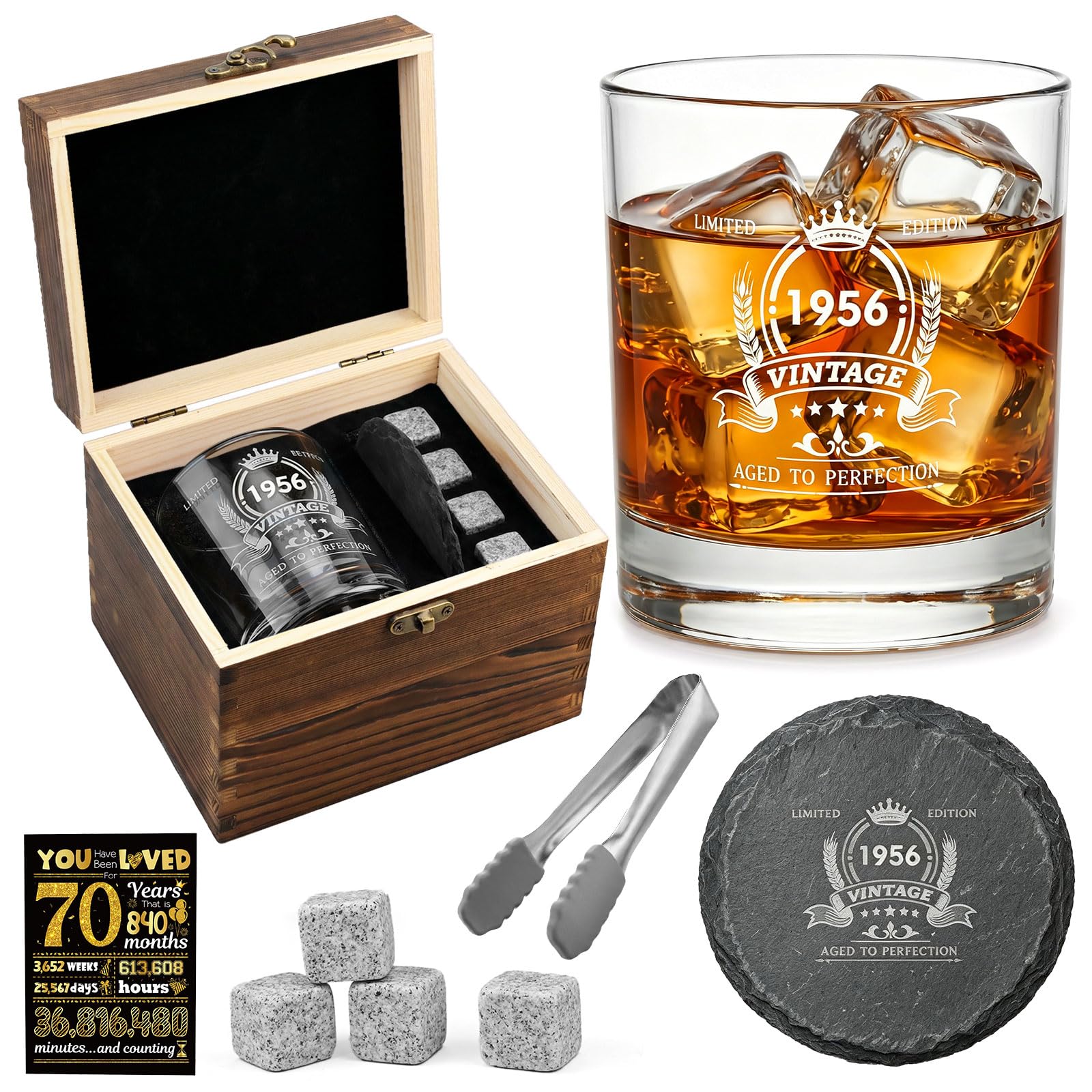 70th Birthday Gifts for Men, Vintage 1956 Whiskey Glass Set with Wood Box, Whiskey Stones, 1956 Poster Anniversary Card, Coaster, Engraved Whisky Glass 70th Birthday Presents for Him Husband Dad