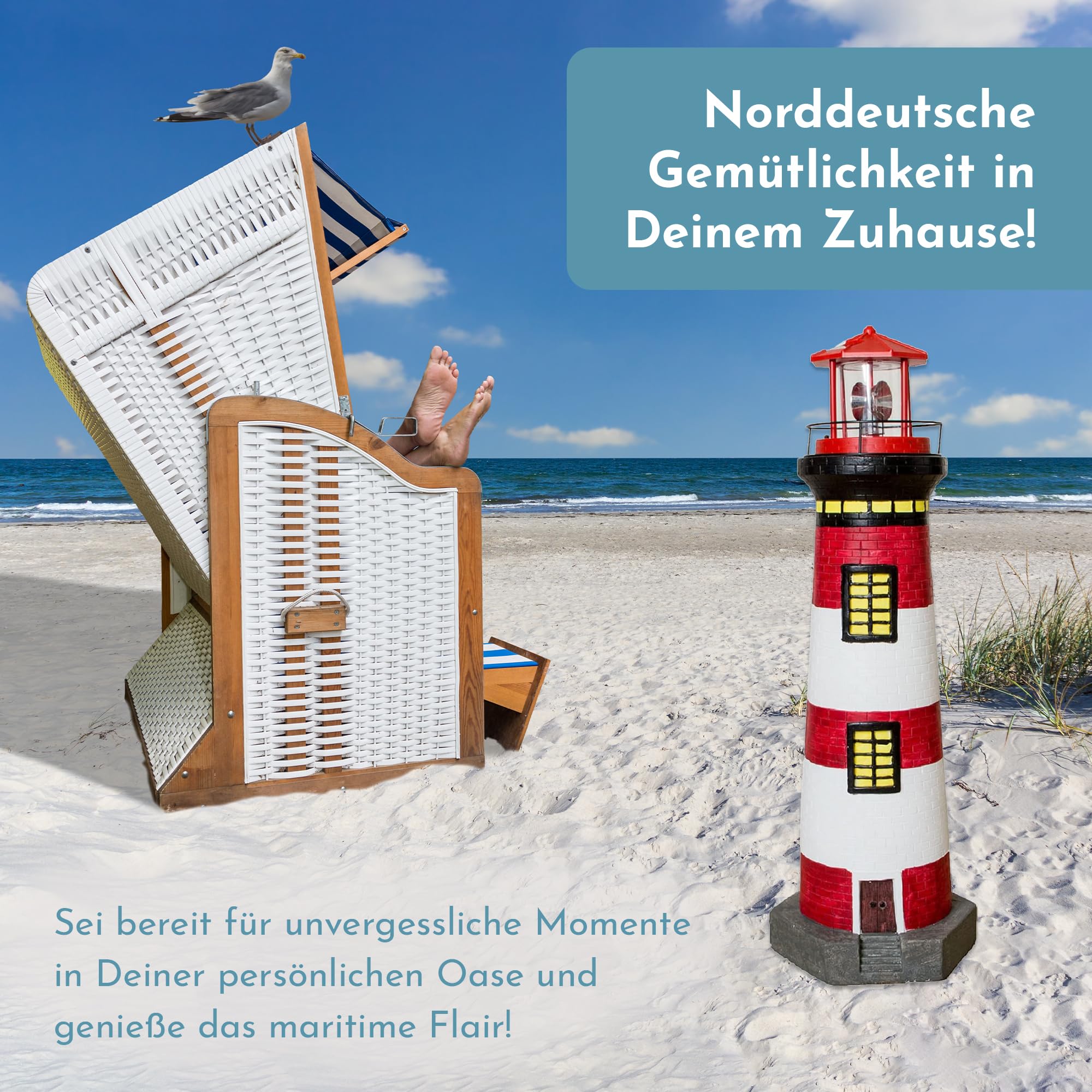 NATIV LEMODO Gartendeko Leuchtturm 83cm hoch | Handbemalte Gartenfigur mit solarbetriebenem, rotierendem Leuchtfeuer | Maritime Außendeko mit LED Beleuchtung