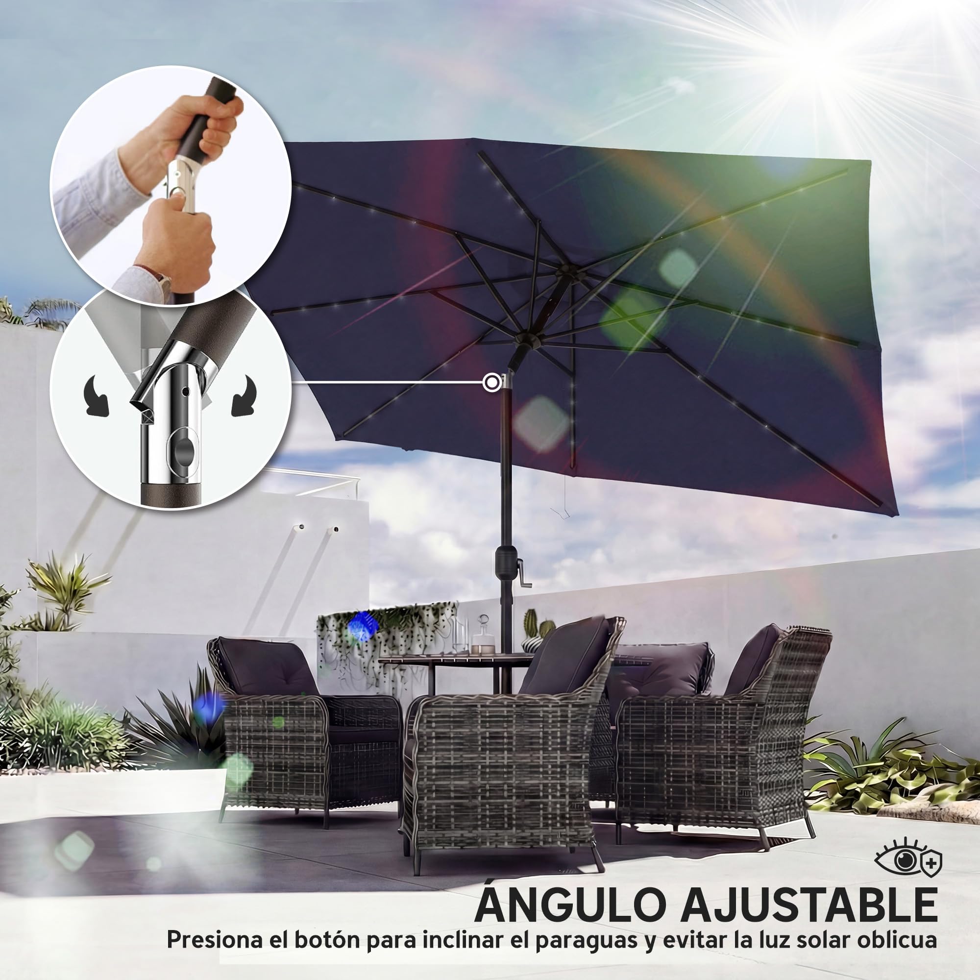 Outsunny Sombrilla Terraza Exterior 2,9x2,5 m con 24 Luces LED | Sombrilla de Jardín, Solares, Dosel Inclinable, Poste Metálico, Parasol para Patio, Terraza