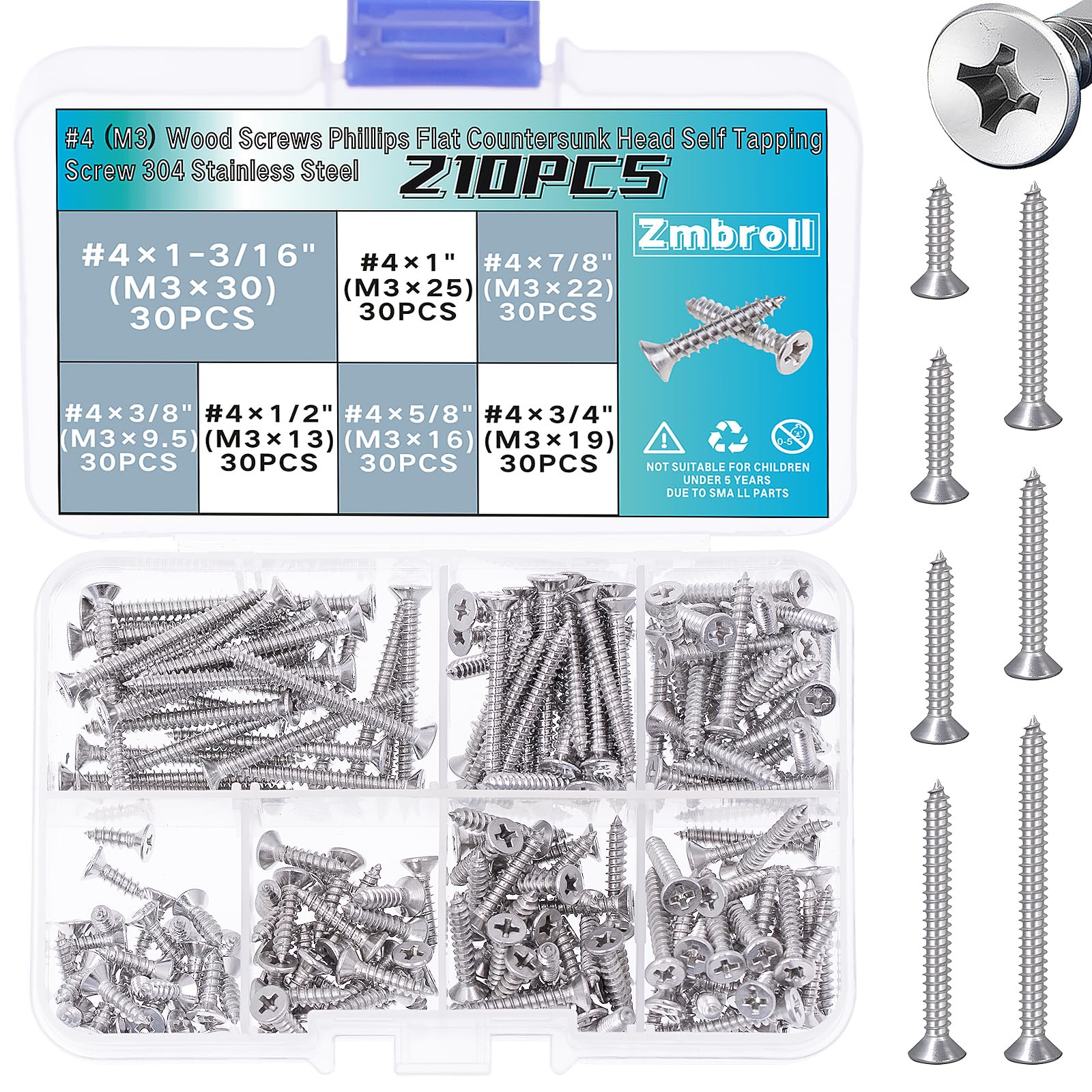 Zmbroll 210Pcs Wood Screws #4 304 Stainless Steel M3 Phillips Flat Countersunk Head Self Tapping Screw Phillips Drive Wood Fastener Small Screws Sheet