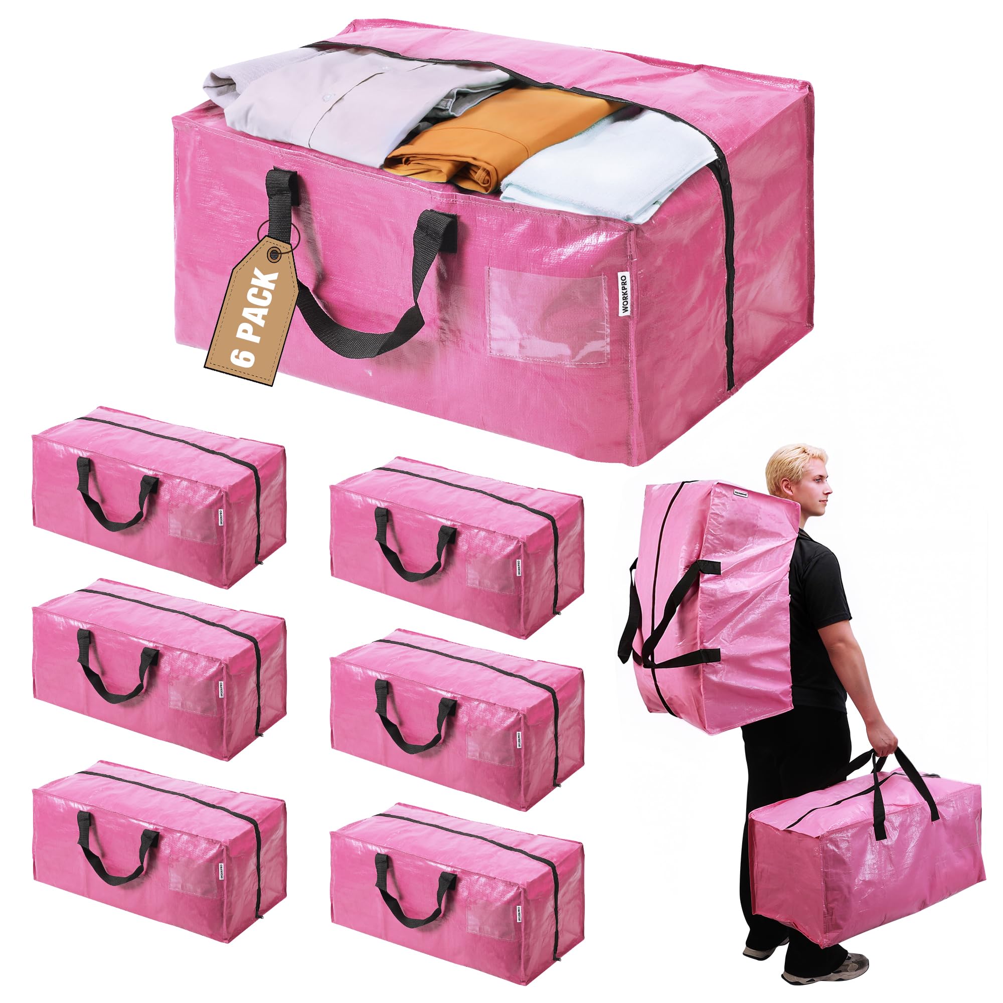 WORKPRO 6 Pack Extra Large Moving Bags with Zippers & Carrying Handles Backpack Straps, Heavy-Duty Storage Tote for Space Saving Moving Storage (Pink)