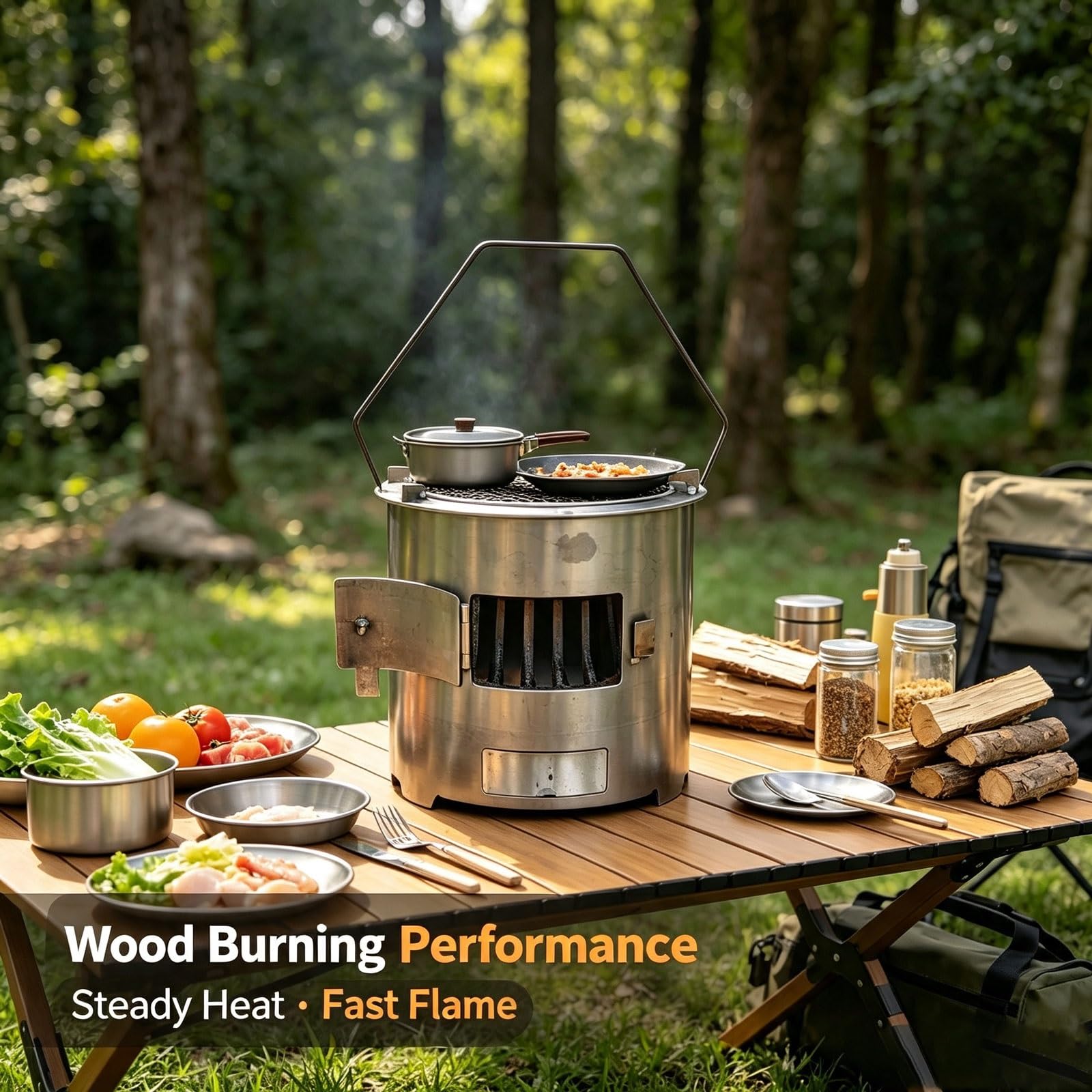 Chauffage De Tente Camping Portable Avec Grille De Cuisson Pour Le Camping | Réchaud De Tente Bois Avec Poignée Multifonctionnel, Réchaud À Fusée À Charbon De Bois Porte À Verrouillage(1PC)