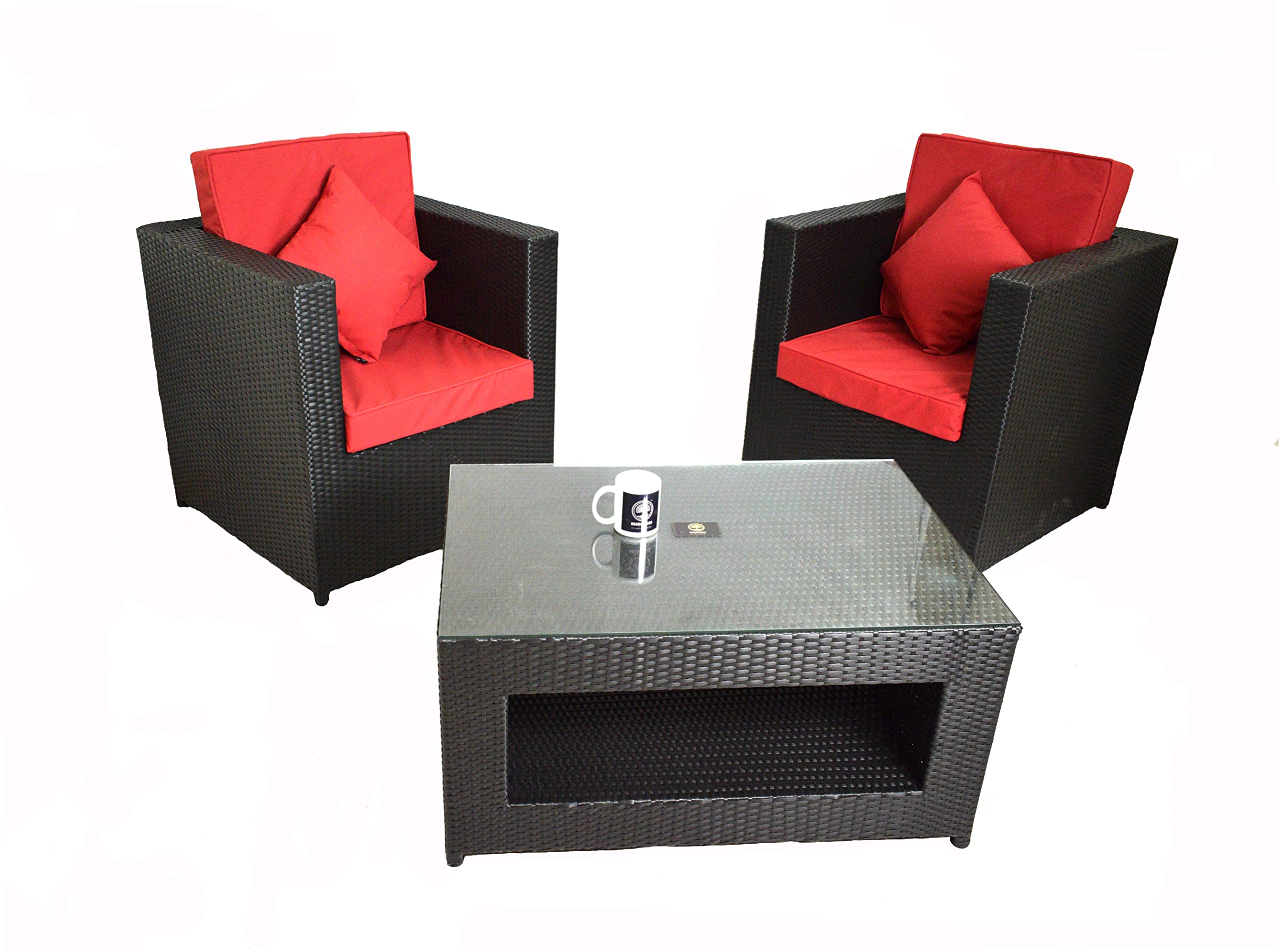 Brookwood - 2 Chairs + 1 Table with Glass with RED Cushion - Black Color