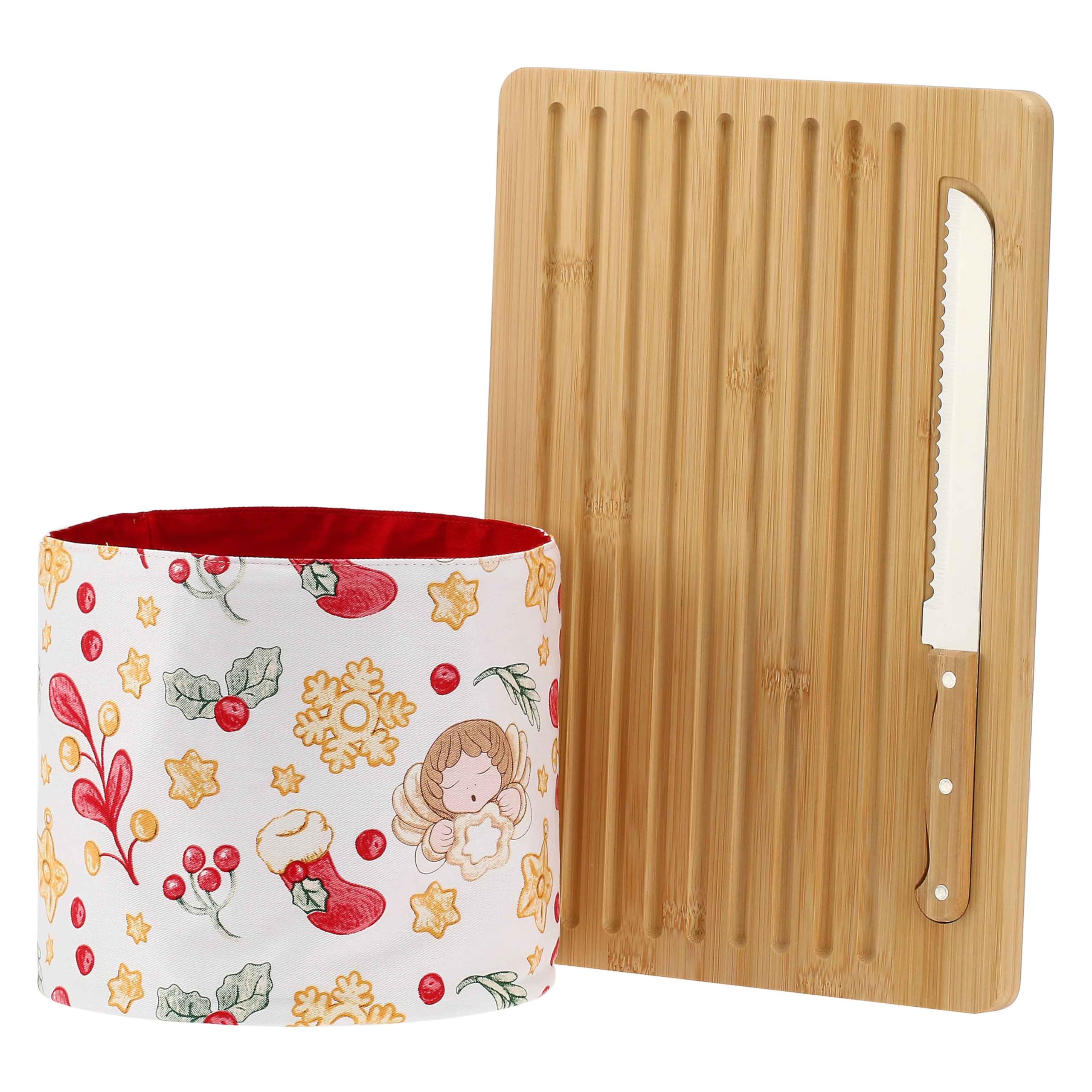 THUN, Set Tagliere con Sacchetto Porta Pane in Legno, Collezione Sorprese di Natale, Set per Casa e Cucina, Idea Regalo per Natale, Tagliere 35x25x1,5 cm, Portapane 20x18 cm