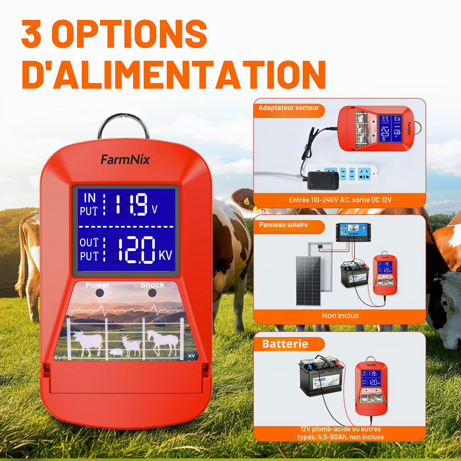 Électrificateur de clôture électrique 12 V avec affichage LED, 3J 230 V pour une portée de 24 km, plusieurs options d'alimentation (secteur/batterie/solaire), chargeur de clôture électrique