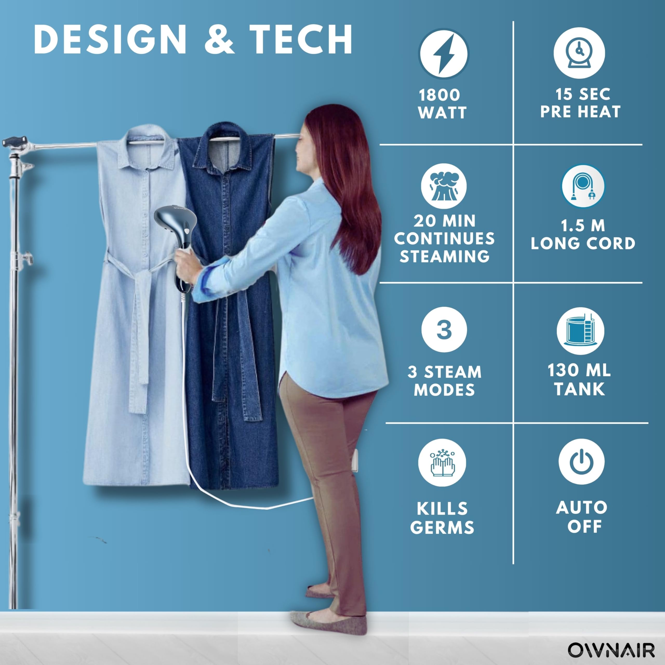 OWNAIR Turbo Garment Steamer, steam iron for clothes, easy vertical horizontal steaming, Steamer for clothes, 24g/min high steam 1800 Watt, 130 ml, 15-sec Fast Heating 4