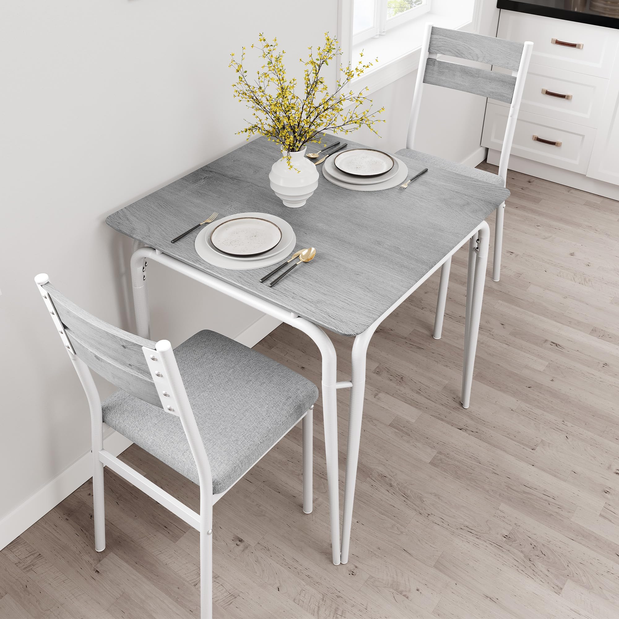 3-Teilige Essgruppe Für 2 Personen, Kleiner Esstisch Mit 2 Stühlen Sitzgruppe, Quadratischer Küchentisch Mit Metallgestell Esszimmergruppe, Für Küche, Wohnzimmer, Apartment, Waschgrau
