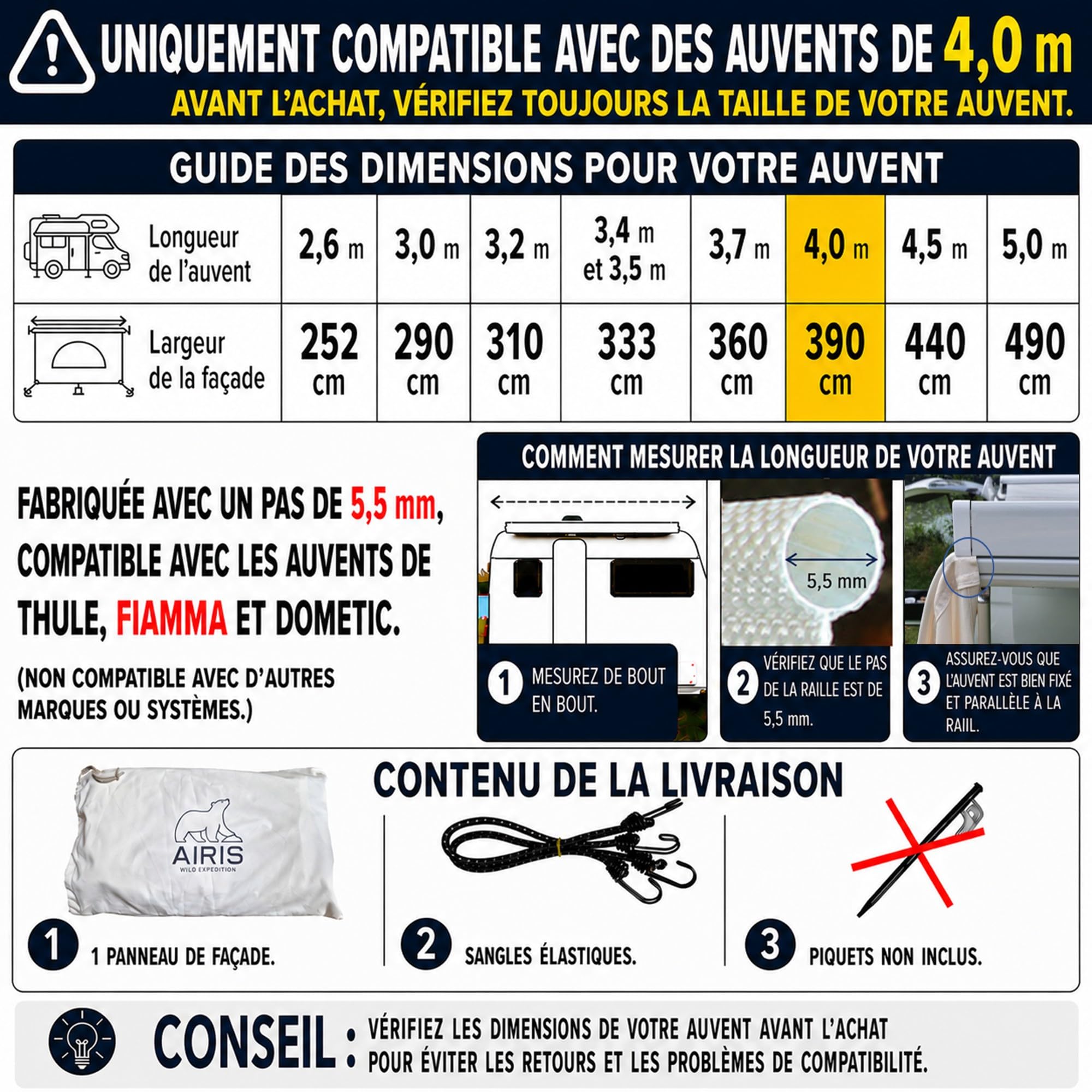AIRIS Paroi avant d'auvent pour camping-car et caravane 390 x 190 cm – Brise-vue et protection solaire pour auvents, tissu mélangé de coton de qualité supérieure, imperméable, forte protection solaire