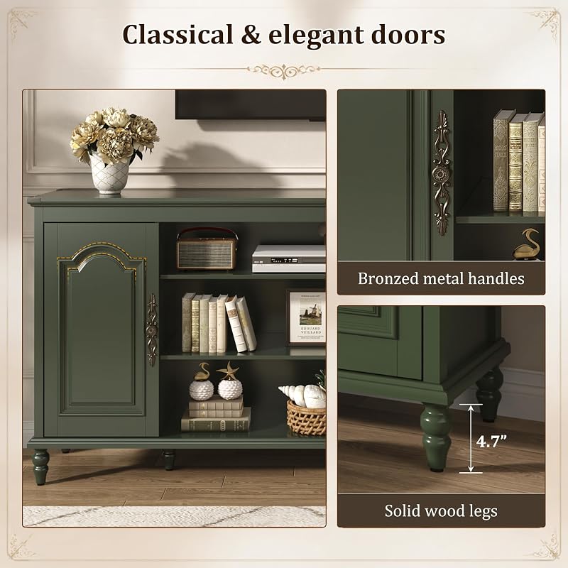 Modern Farmhouse TV Stand, 70" Media Console with Doors & Shelves, Green image 3