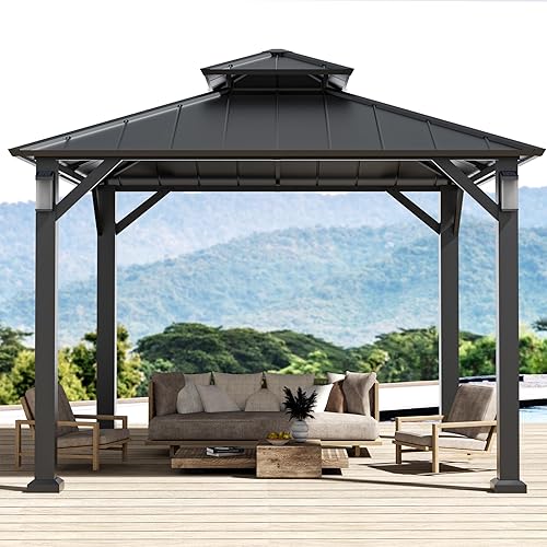 Miniatura 8 de Glorieta moderna con techo rígido de 10 x 10 pies, glorieta permanente de metal con 4 luces LED, pabellón para exteriores con techo de acero