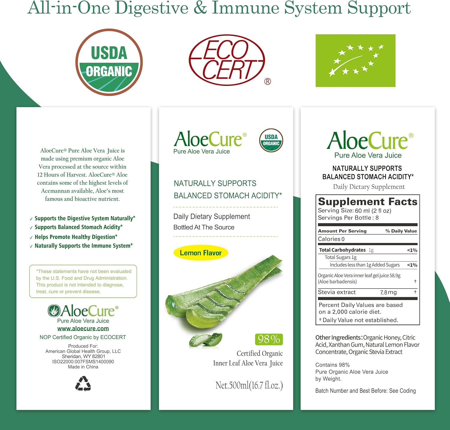 AloeCure USDA Organic Aloe Vera Juice Lemon Flavor - Made Within 12 Hours of Harvest - Natural Digestive Supplement for Balanced Stomach Acidity - Support Digestive and Immune Health, 4 Btls x 16.7oz