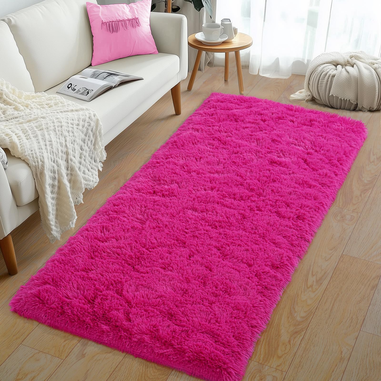 Rezutan Ultra Soft Fluffy Hot Pink Rugs,2x6 Feet Fluffy Shag Area Rugs for Living Room, Comfy Furry Rug for Girls Kids Baby Room Decor, Non Slip