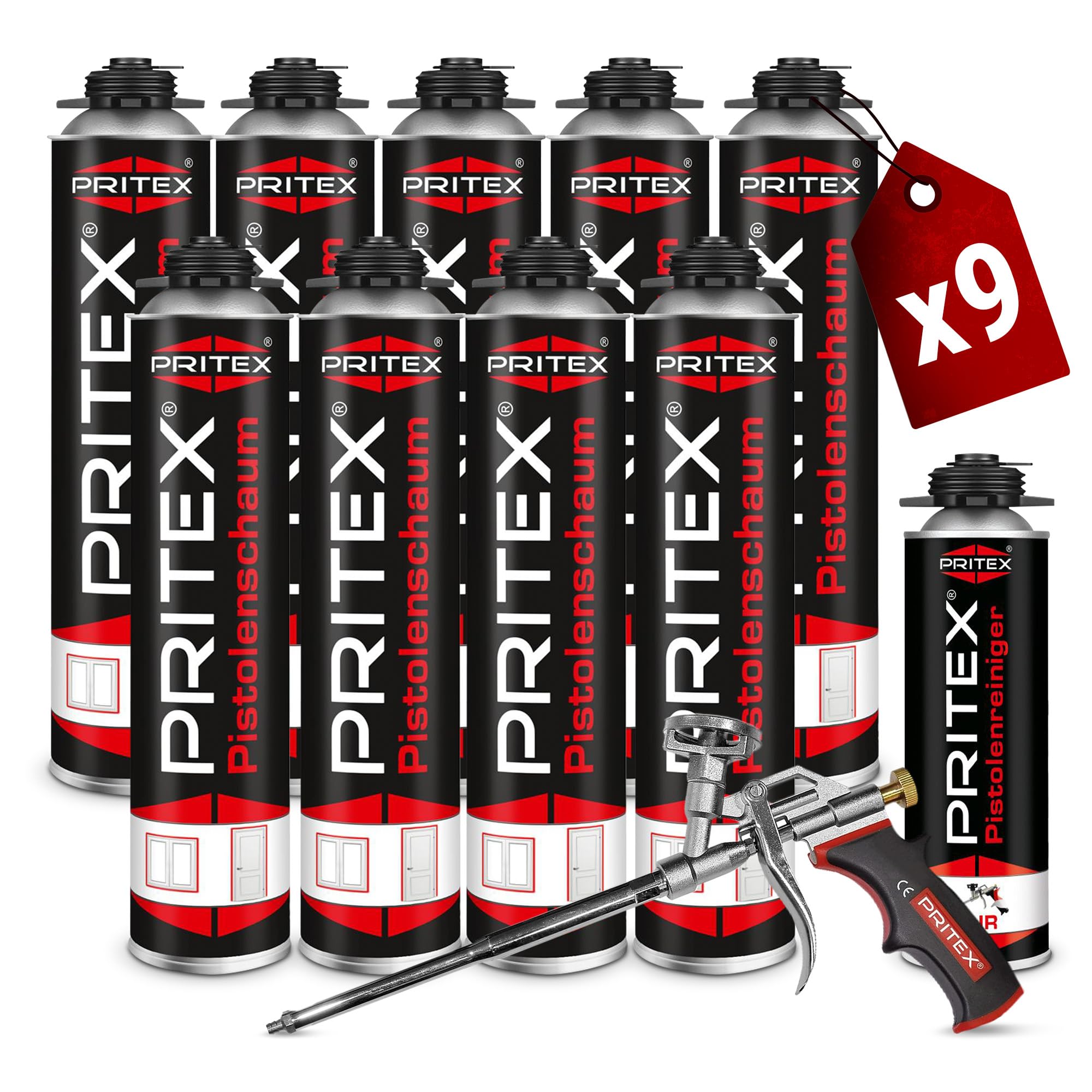 PRITEX – Bauschaum Set 9 x 750 ml Pistolenschaum inkl. Pistolenreiniger 500 ml und Schaumpistole – Montageschaum zum Verfüllen, Dämmen & Abdichten – PU-Schaum mit hervorragender Schall- & Wärmedämmung