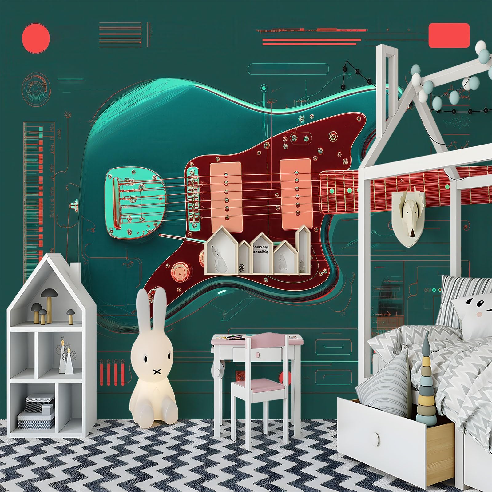 Papel Pintado Panorámico 3D Música Guitarra Geométrico Rayas, Mural de Pared Estilo Retro para Salón Dormitorio Habitación Infantil Sala de Juegos - Decoración Mural Fotográfica 350An x 256Al cm