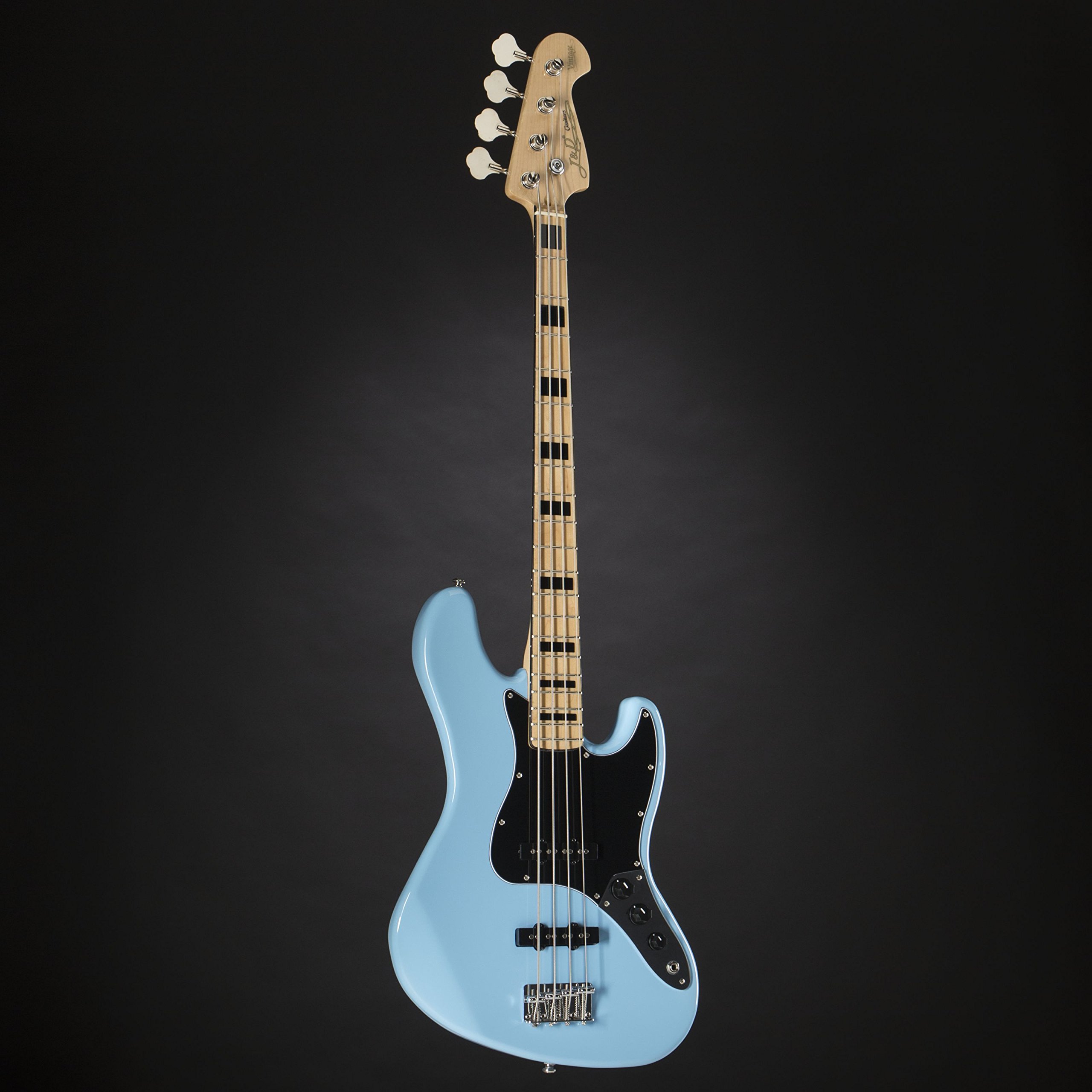 J & D JB Vintage 1975 SKBL Sky Blue 4 Saiter E-Bass mit Single-Coil Pickups, passiver Elektronik, Vintage-Style Hardware