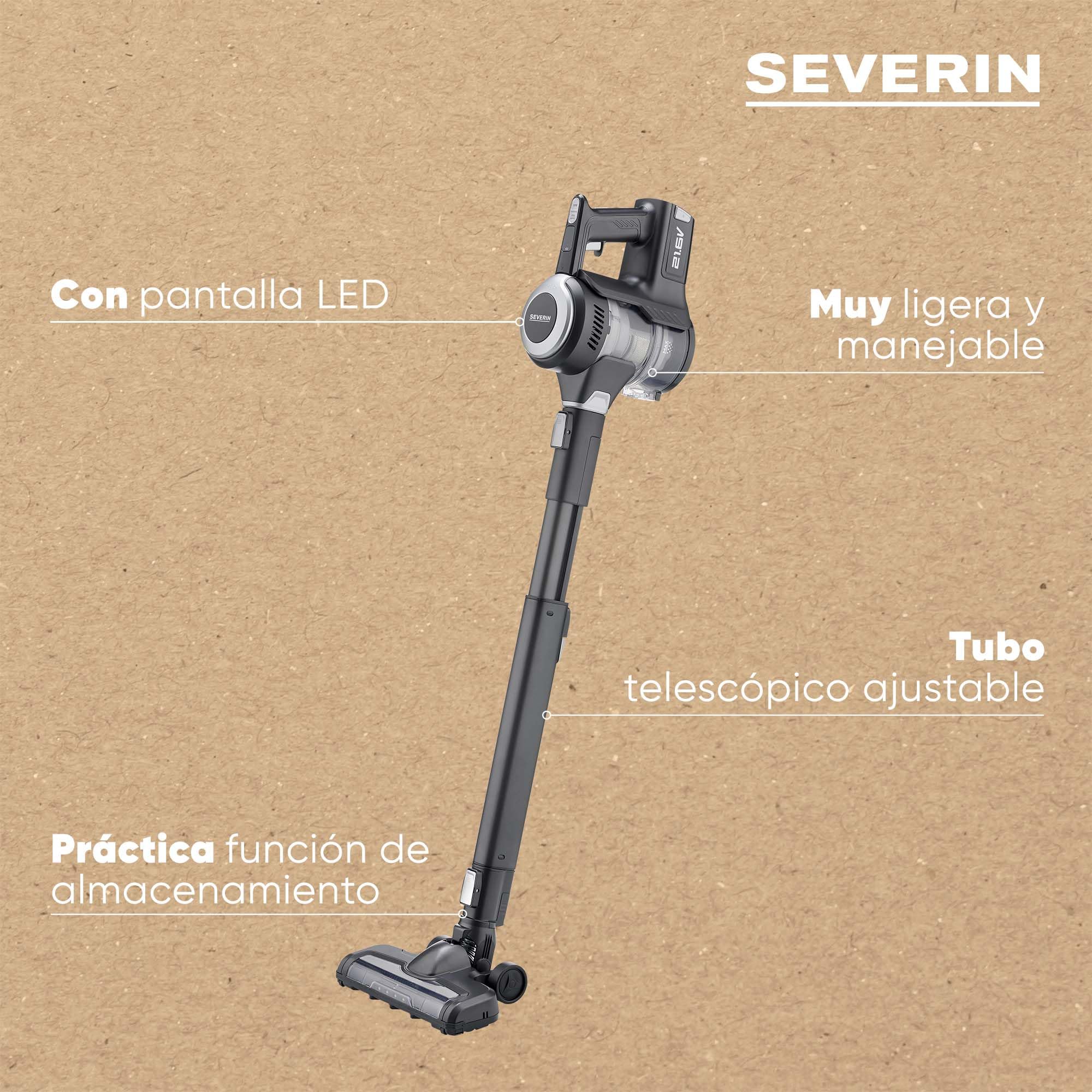 SEVERIN Aspiradora inalámbrica de mano y escoba 2 en 1, aspirador sin cable potente con depósito de 0.65 L, 40 minutos de autonomía, 21,6 V, Negro, HV 7155