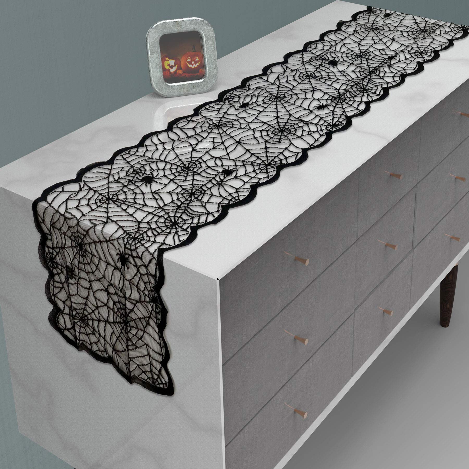 CAIT CHAPMAN HOME COLLECTION Halloween Lace Runner and Tablecloth (13”x72” Spider Web Runner)