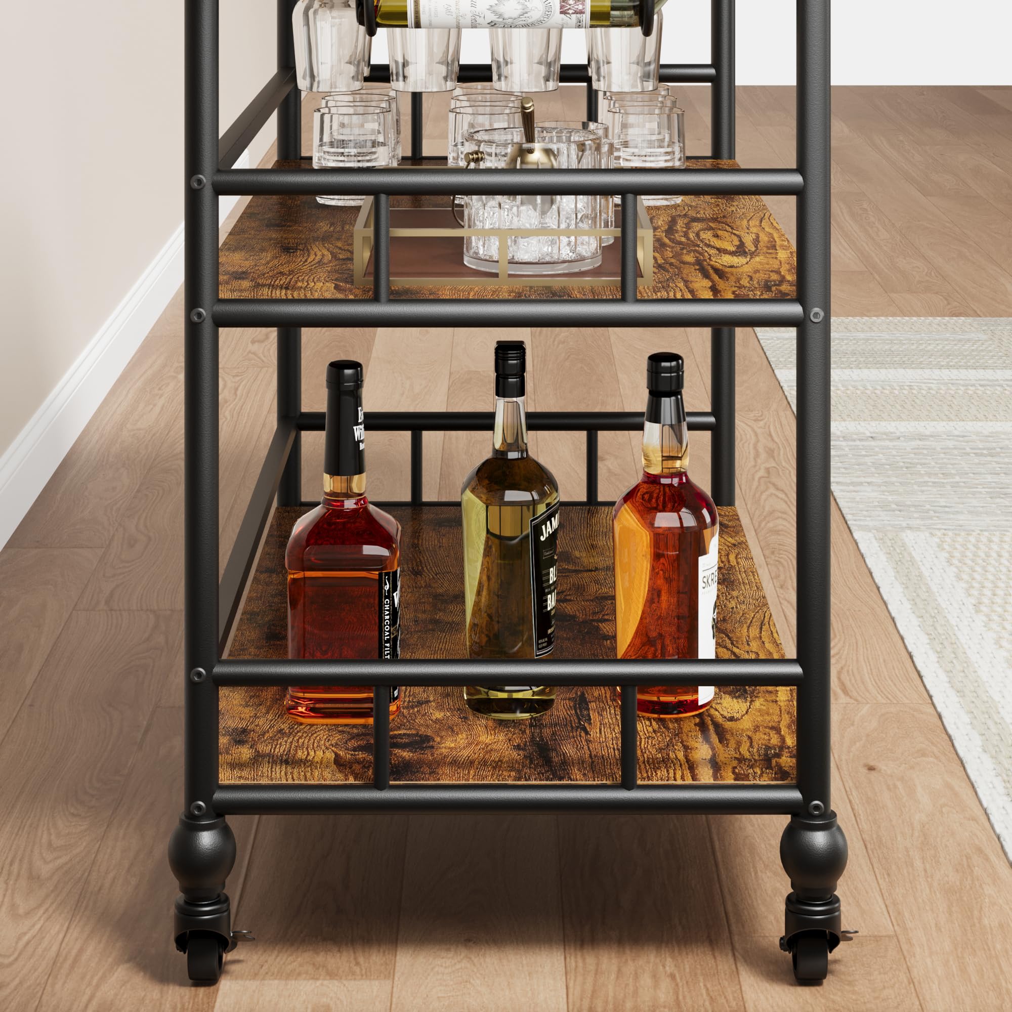 Garvee Carrito de Bar rodante de 3 Niveles – Estante móvil de Madera y Metal para Cocina, Sala o Comedor – con portabotellas y portavasos – Diseño Elegante y Funcional – 90x40x87 cm