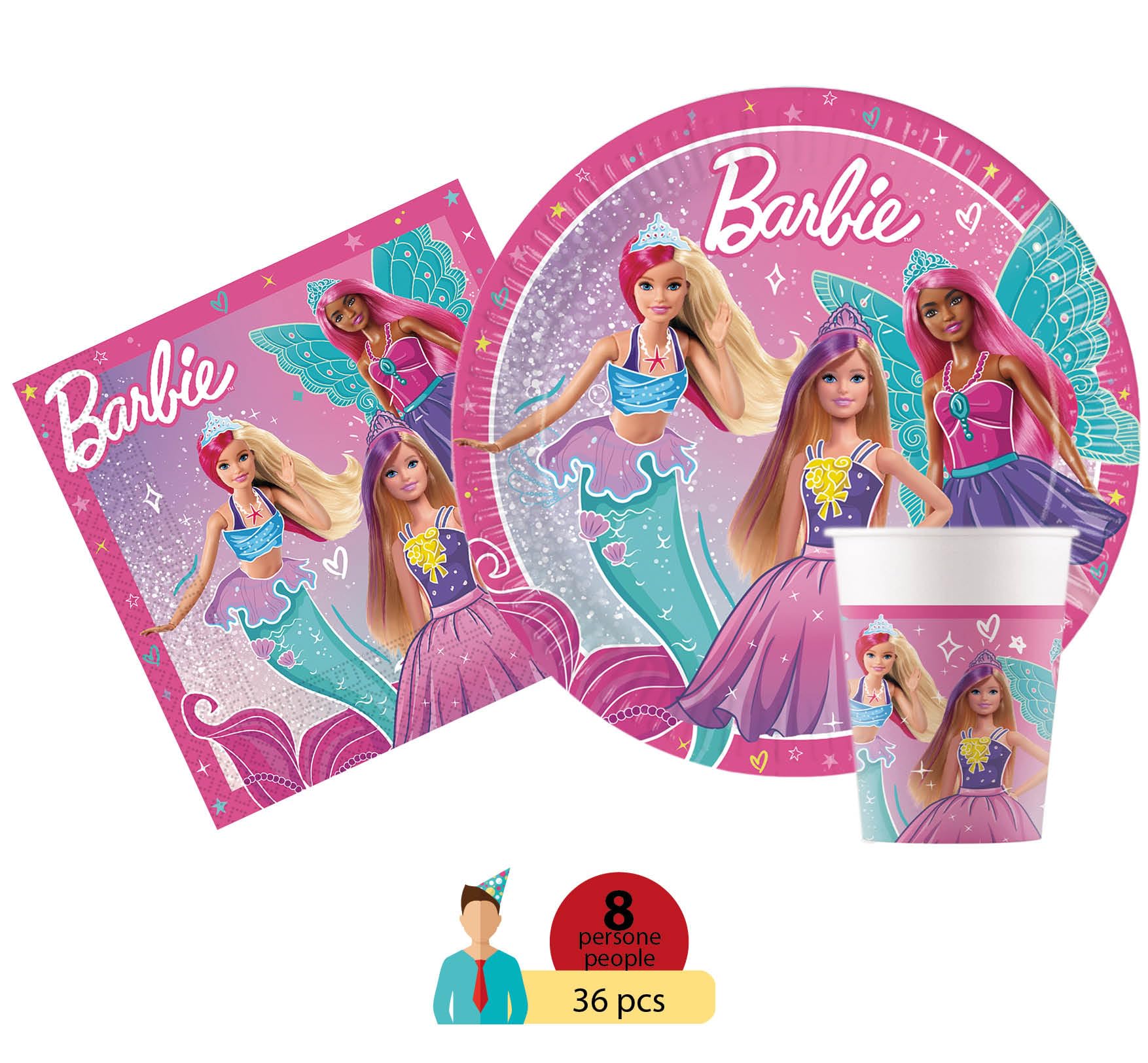 Party Tableware Set Barbie Fantasy for 8 people (36 pcs: 8 paper plates Ø23cm, 8 cups 200ml, 20 paper napkins 33x33cm)