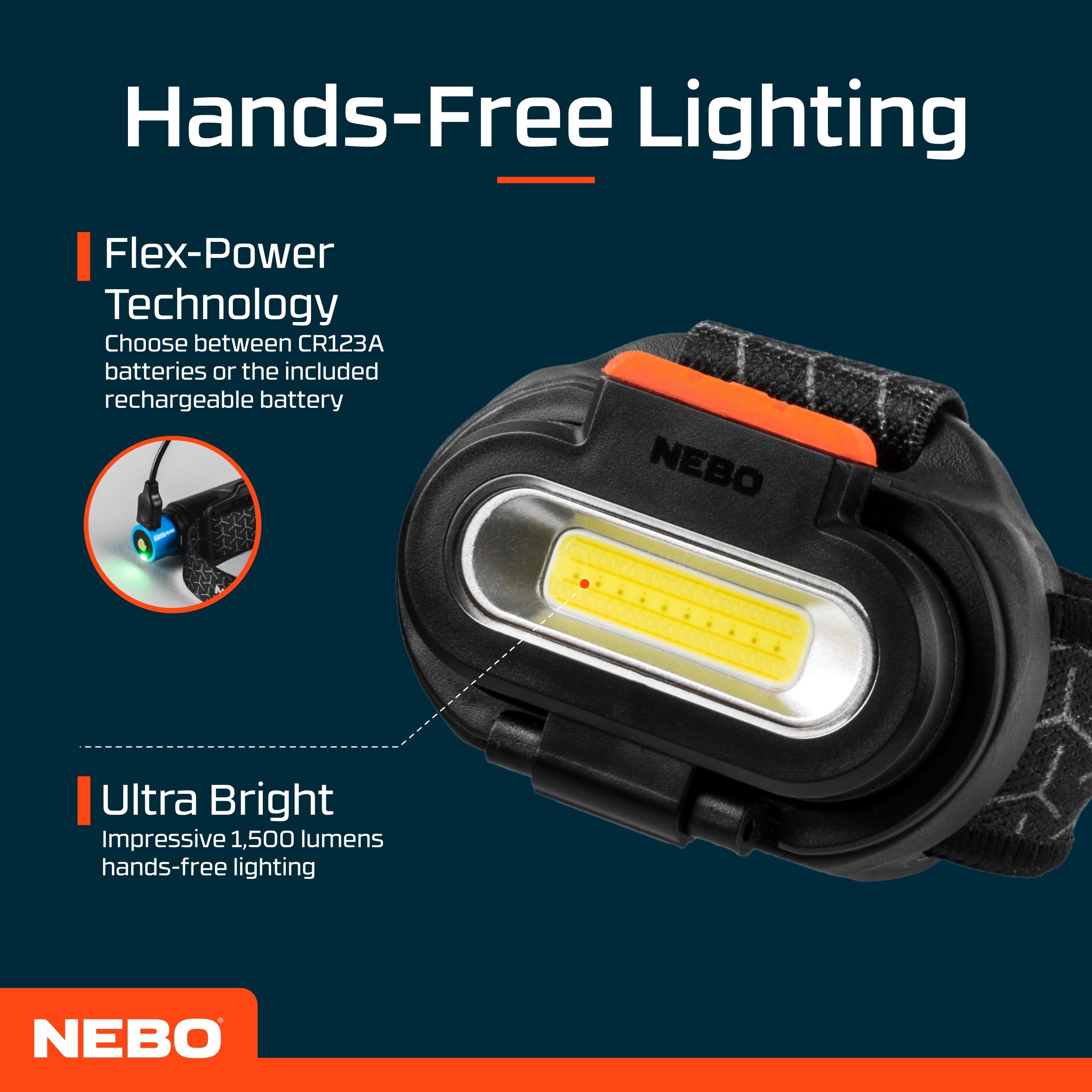 NEBO Einstein 1500 Flex Head Torch, Rechargeable Headlamp with 5 Light Modes, Camping & Hiking Accessories - Image 3