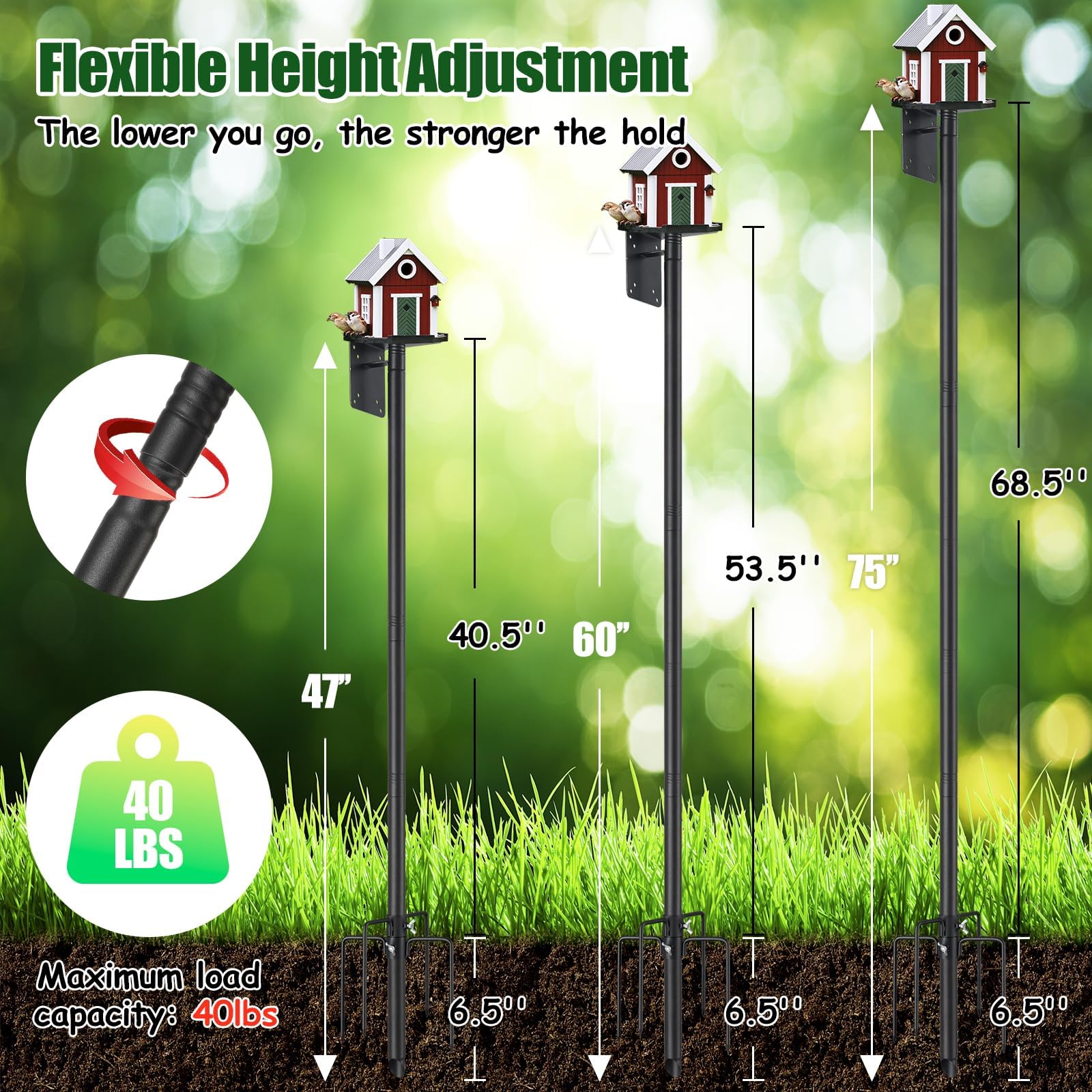 Support de mangeoire à oiseaux en métal - Réglable - 220 cm - Support pour mangeoire pour oiseaux - Pour jardin, balcon, extérieur, cour - Noir