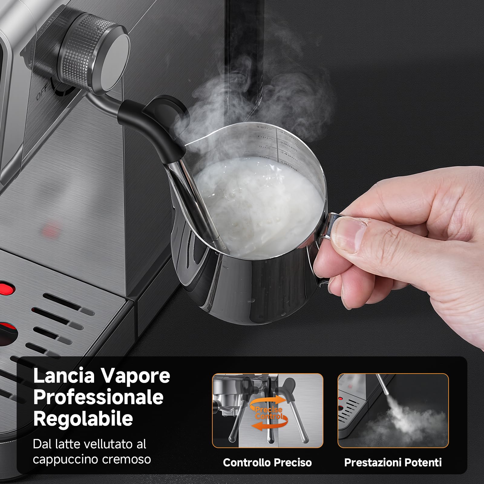 AMZCHEF Macchina Caffè Espresso 20 Bar in Acciaio Inox con Touchscreen LED, Macchina Espresso con Funzione Autopulizia e Lancia Vapore, Compatta per Cappuccino e Latte, Ideale per Casa e Ufficio