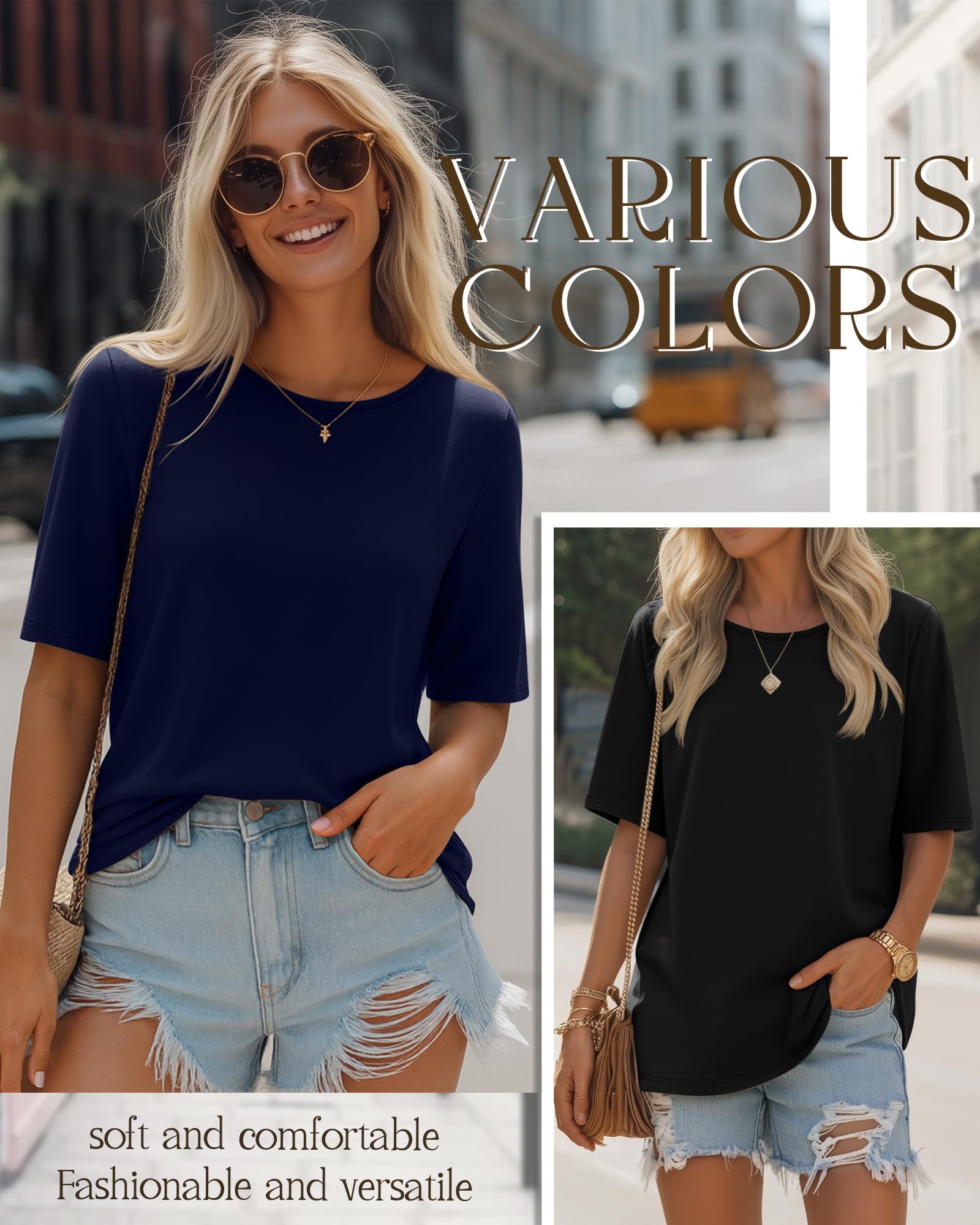 Neer Paquete de 4 Camisetas de Manga Corta para Mujer, hasta el Codo, Cuello Redondo, Estilo Casual de Verano. | Ajuste de gran tamaño, manga hasta el codo, tela suave, estilo básico casual, uso diario, trabajo, viajes, primavera, verano