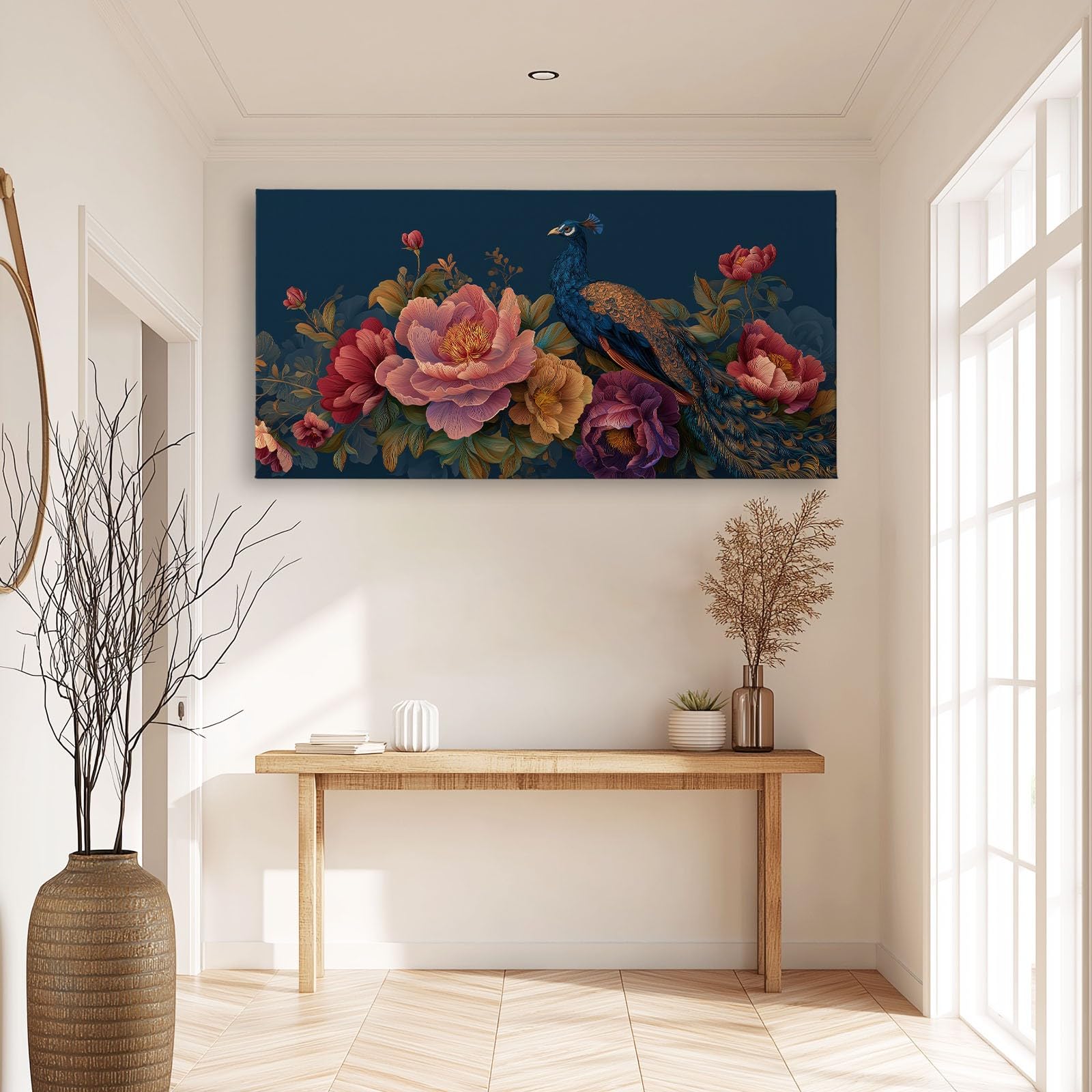 Botanisch Pfau Floral Kunst Modernes Leinwandbild 100L x 75B cm mit Rahmen, Dunkelblau Vintage XXL Wanddeko für Wohnzimmer Geschenk Idee Einzug - Hochwertiger Kunstdruck auf Holzrahmen