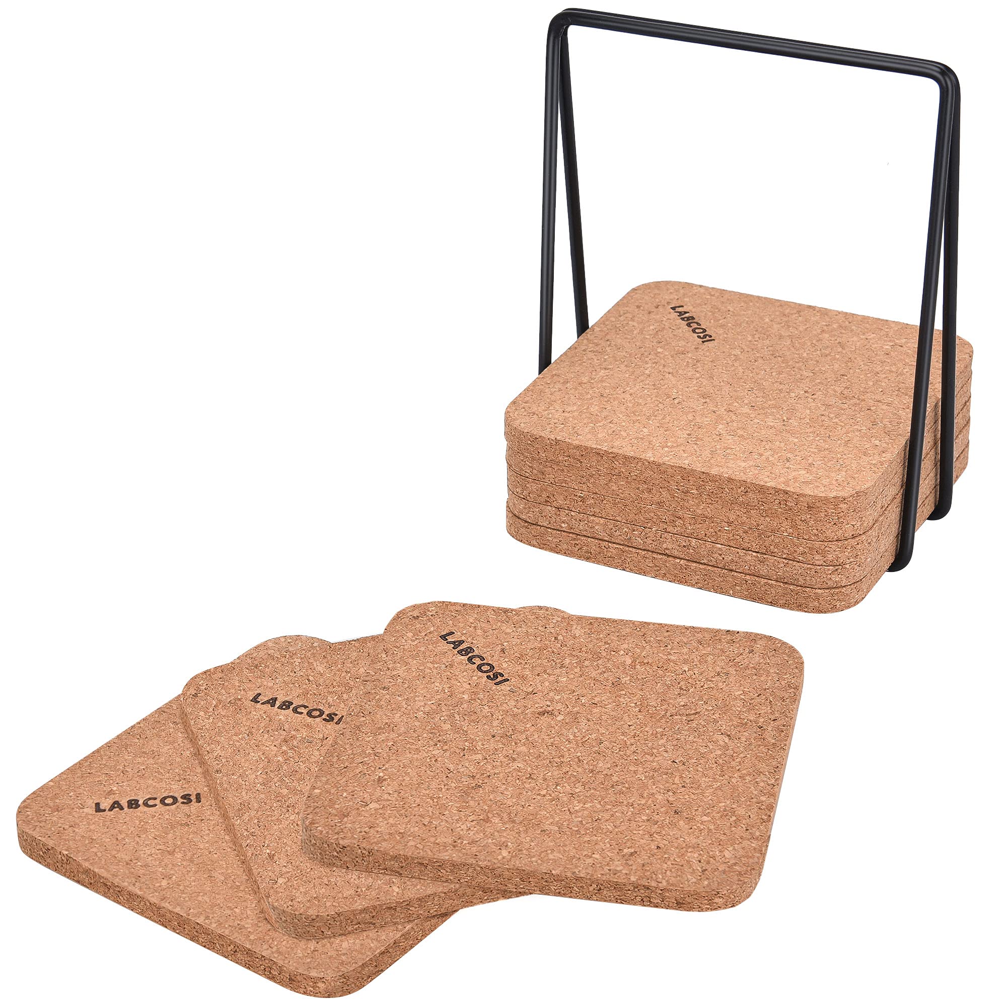 Labcosi Cork Coasters for Drinks, 8 Pcs Set Absorbent and Tough Thick Wood with Metal Rack Holder Storage, Reusable for Wine Glasses & Mugs