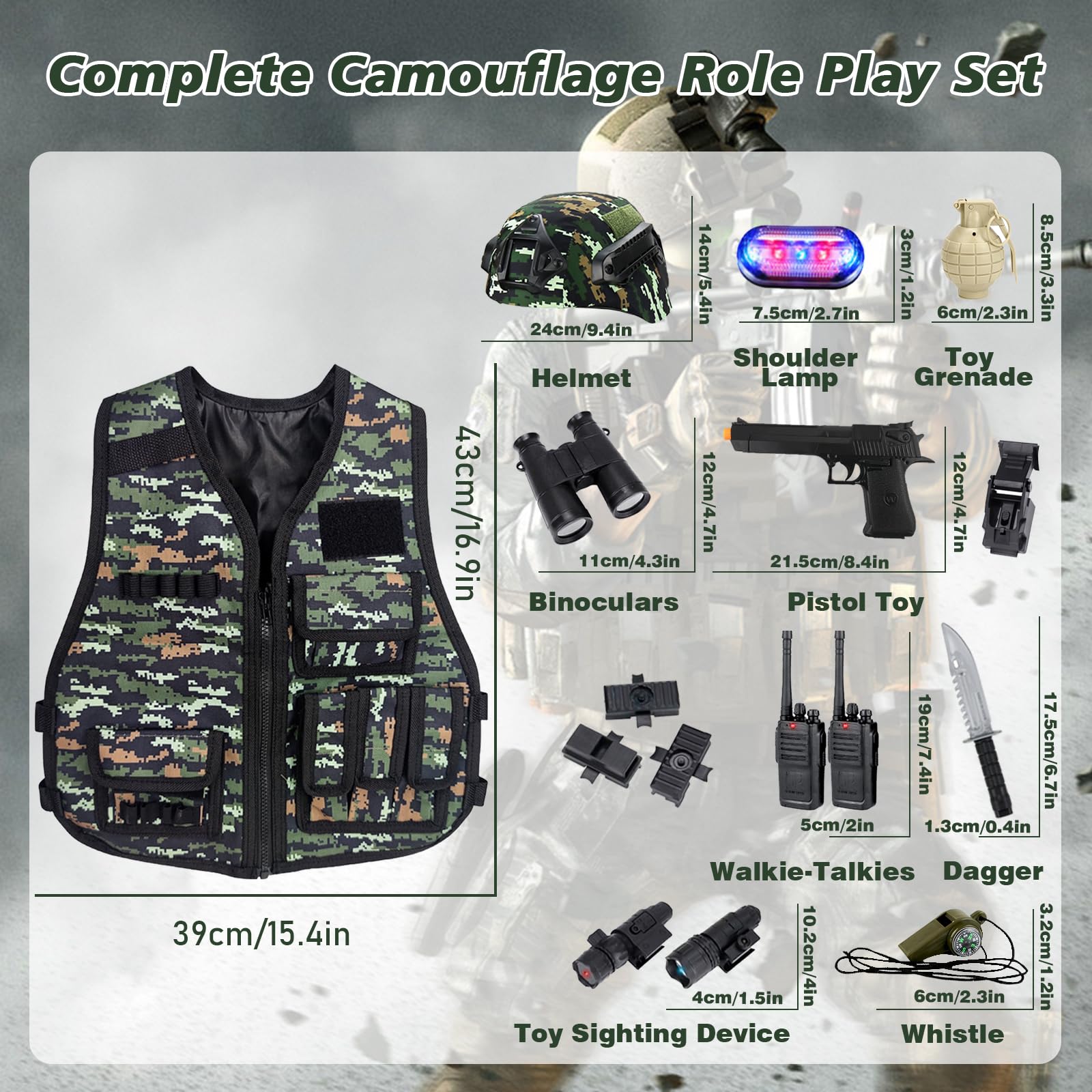 RedCrab Costume di Soldato per Bambini, Costume Militare Bambino Include Elmetto Militare, Gilet Militare, Walkie-Talkie e Altri Accessori, Soldato Gioco di Ruolo Halloween Carnevale Costume