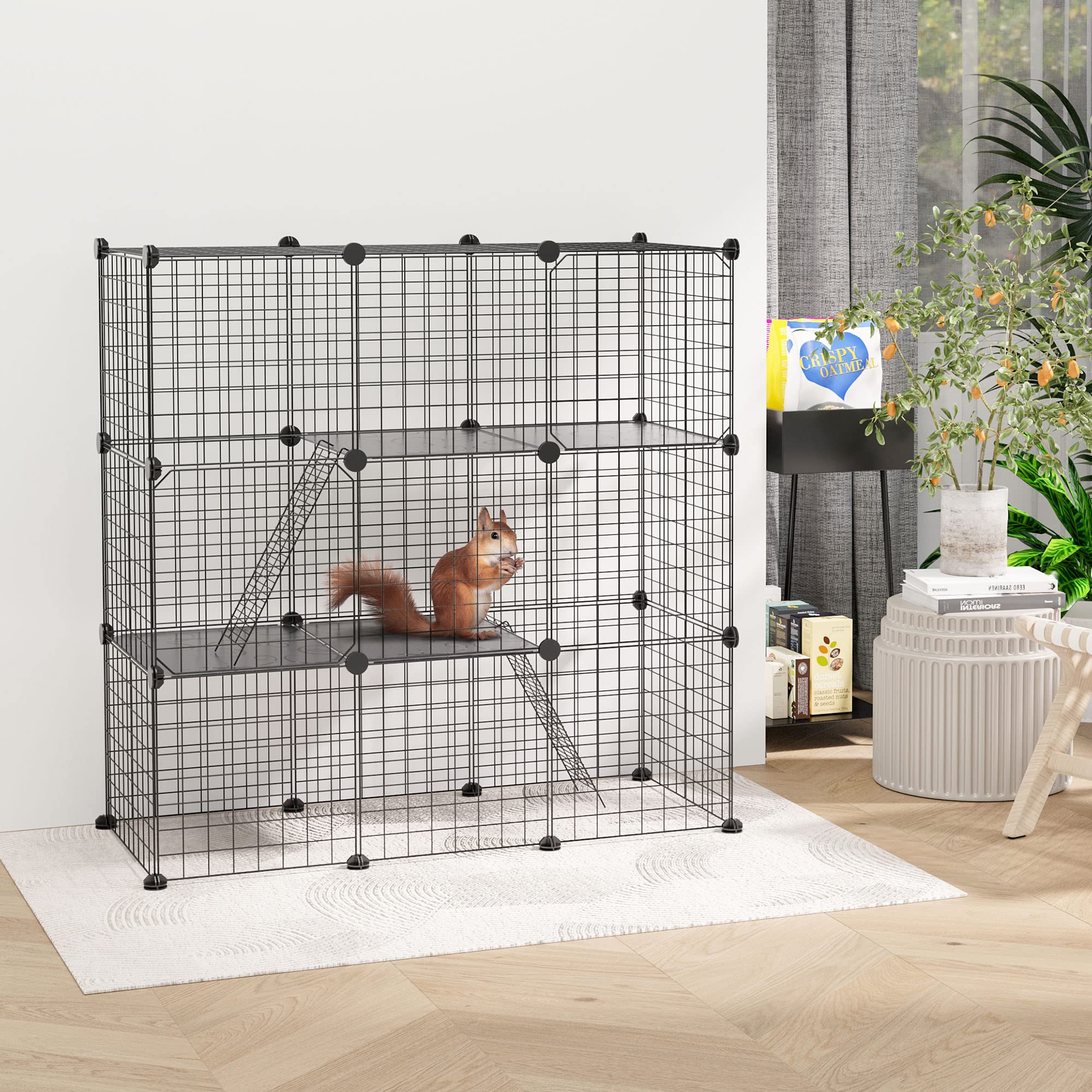 PawHut Jaula para Animales Pequeños de 31 Paneles Parque para Mascotas en Bricolaje con Rampa Corralito para Gatitos Conejos Chinchillas 105x45x105 cm Negro
