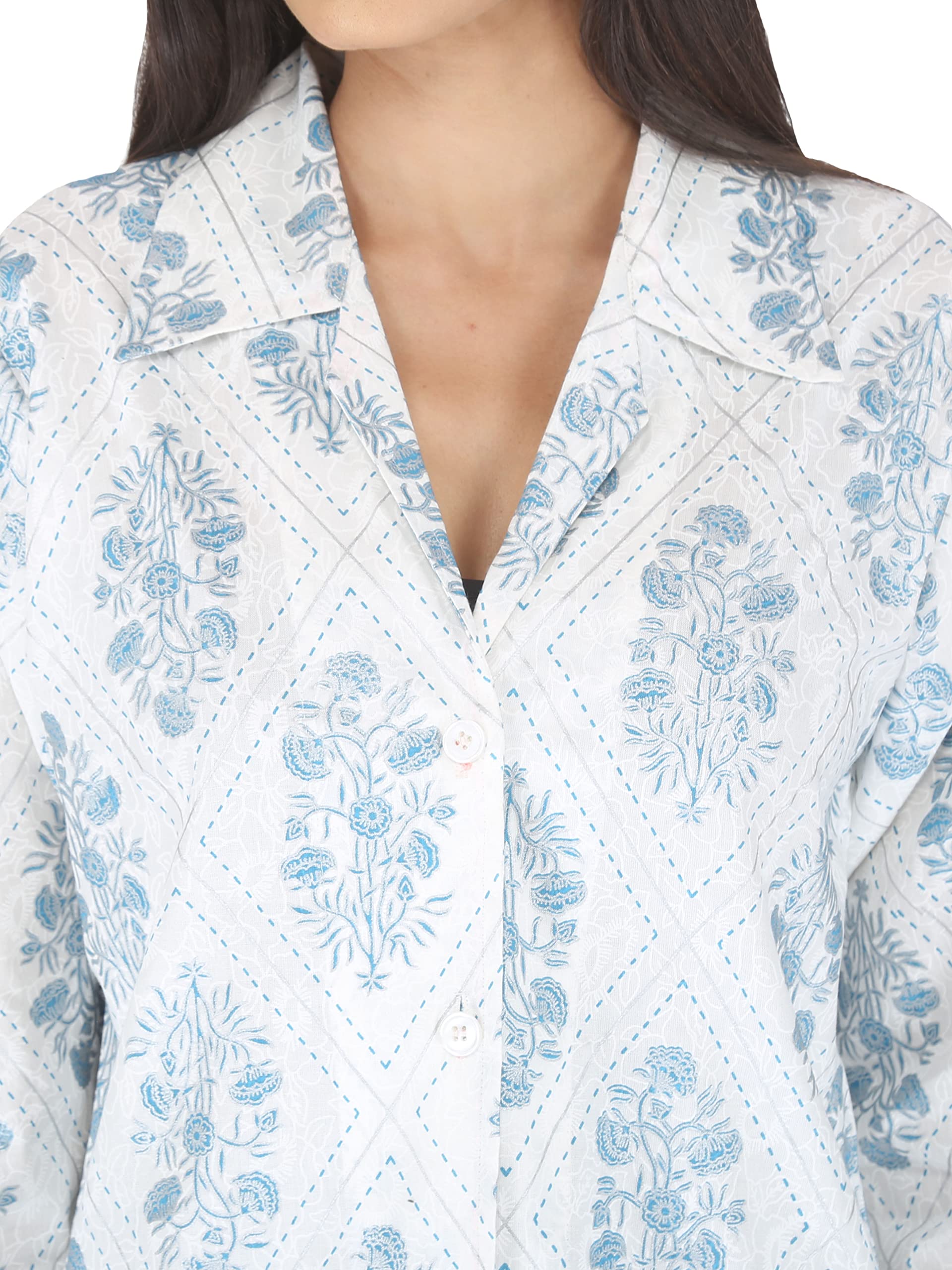 CHARVI Women Cotton Standard Length Floral Printed Summer Coat|Helps to Protect From Sunrays,Dust Pollution,Sunburn,Tanning of Skin|Ideal for Driving,Hot Summers,Traveling- (BHC27_44_White & Blue) - Image 4 thumbnail