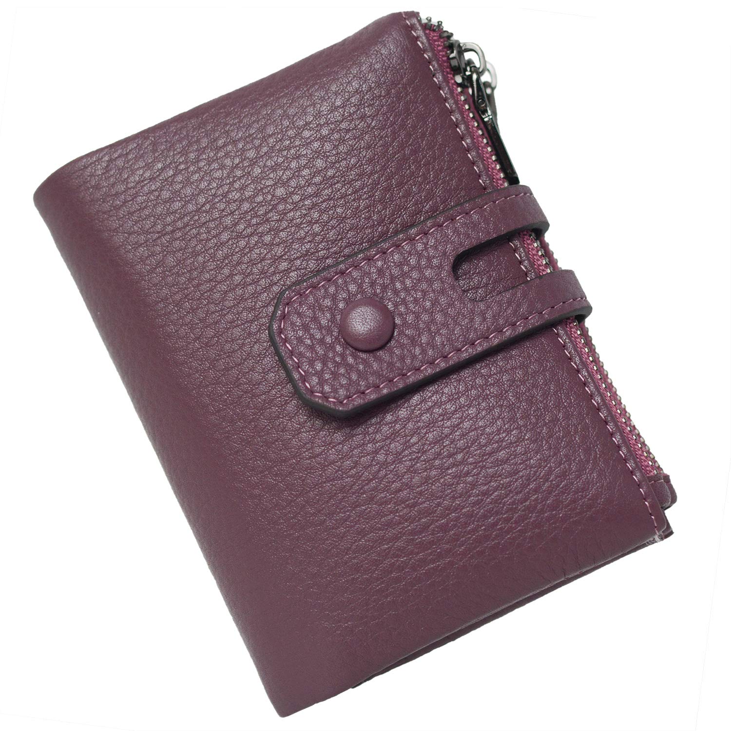 Bveyzi Small Soft Leather Wallet for Women RFID Blocking Ladies Card Holder with Double Zipper Pocket, Deep Plum, Small, Small Soft Leather Wallet for Women