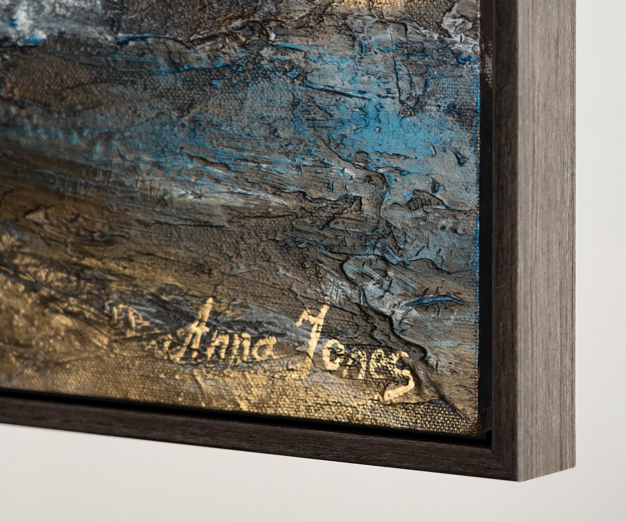 YS-Art Tableau fait à la main dans un cadre Baie d'or Paysage marin aube sur l'océan tons bleus et or Peinture abstraite Décoration 120x60 cm