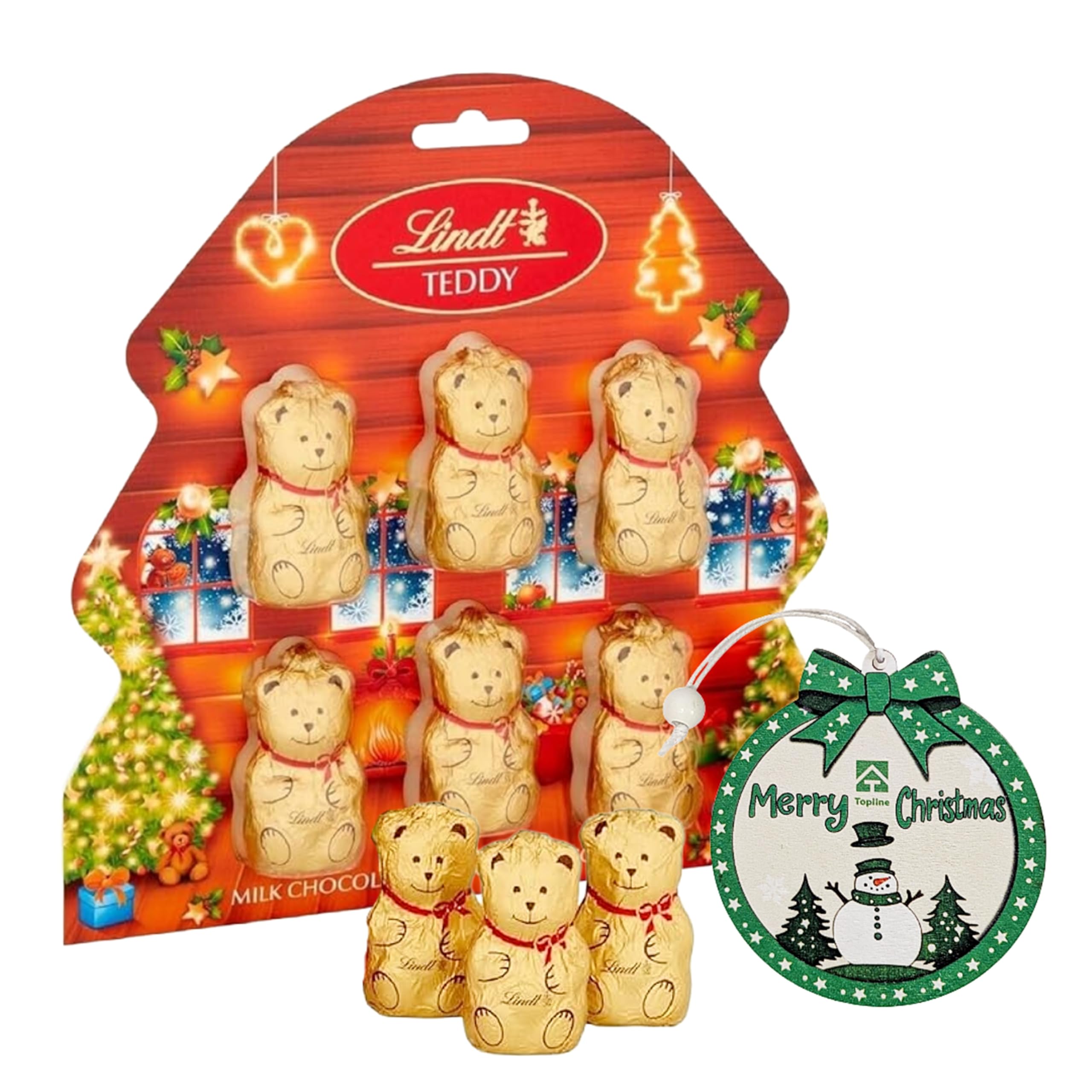 Lindt Chocolates Christmas Tree Decorations - Milk Chocolate Pack of 1 x 60g (6x10g) Golden Teddy Bears for Chocolate Hamper with Topline Tree Ornament for Stocking Fillers, Chocolate Gifts for Kids